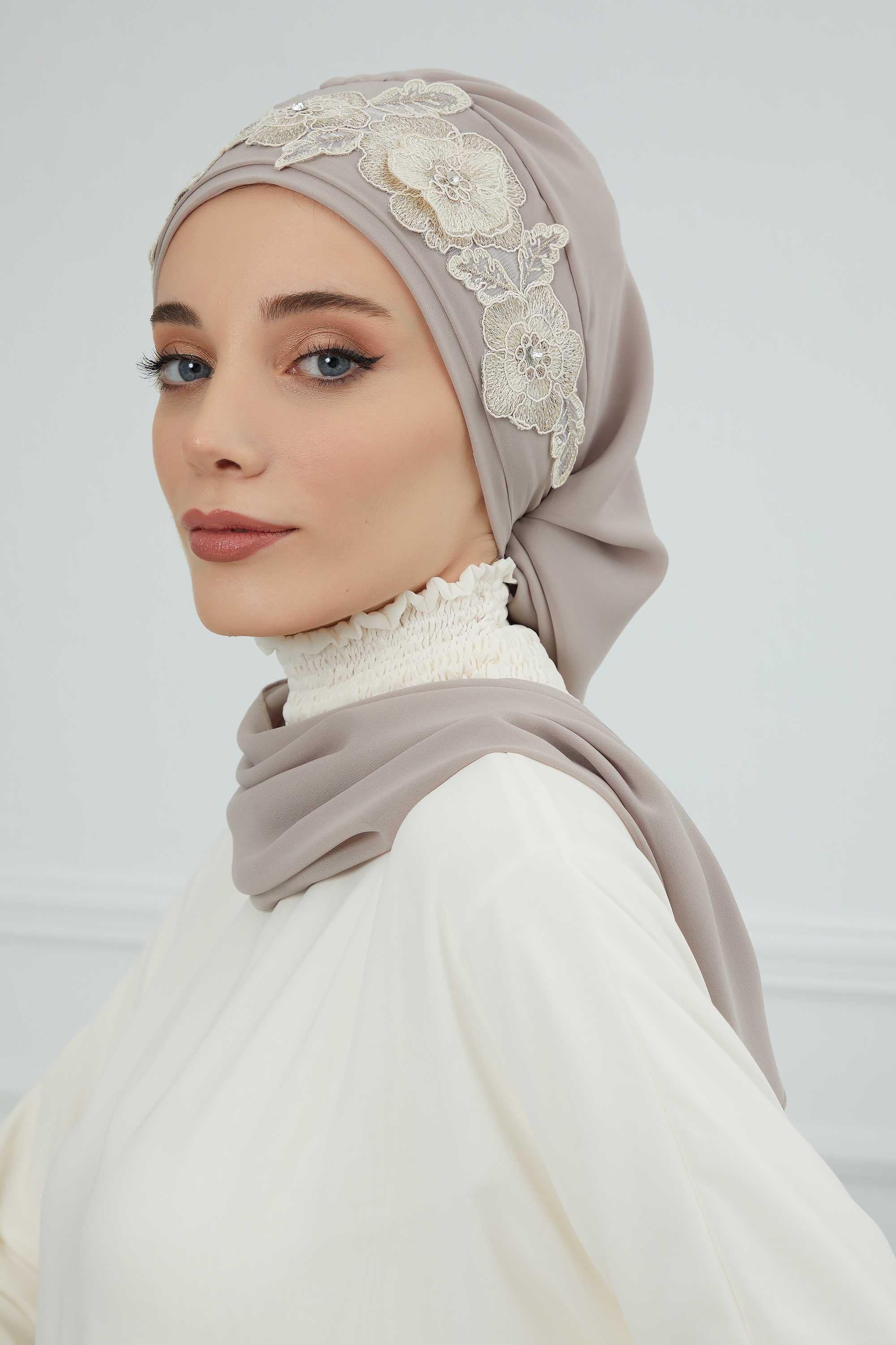 Çiçekli Taç Aksesuarlı Şifon Hazır Türban,HT-103,HT-103