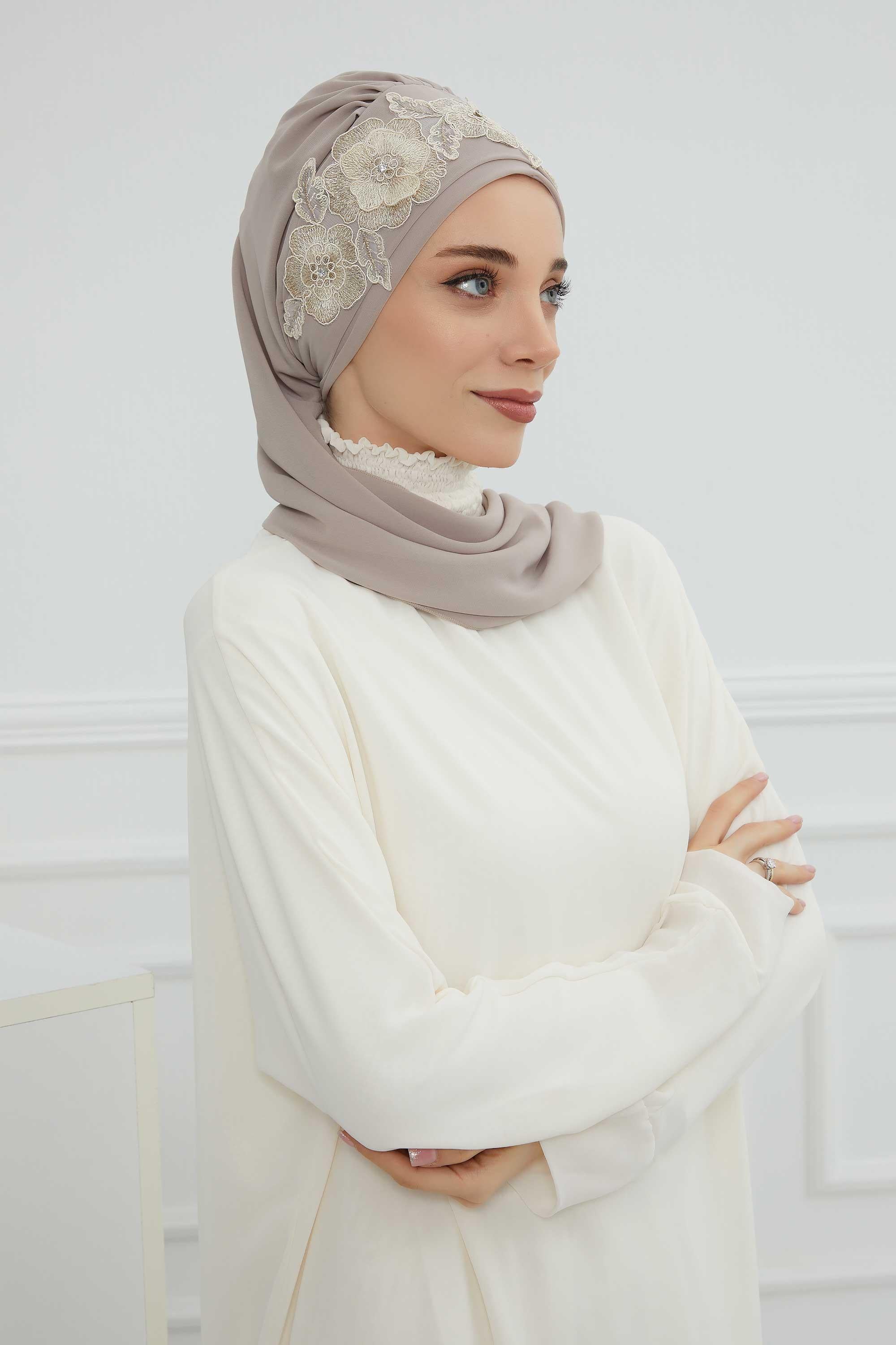 Çiçekli Taç Aksesuarlı Şifon Hazır Türban,HT-103,HT-103