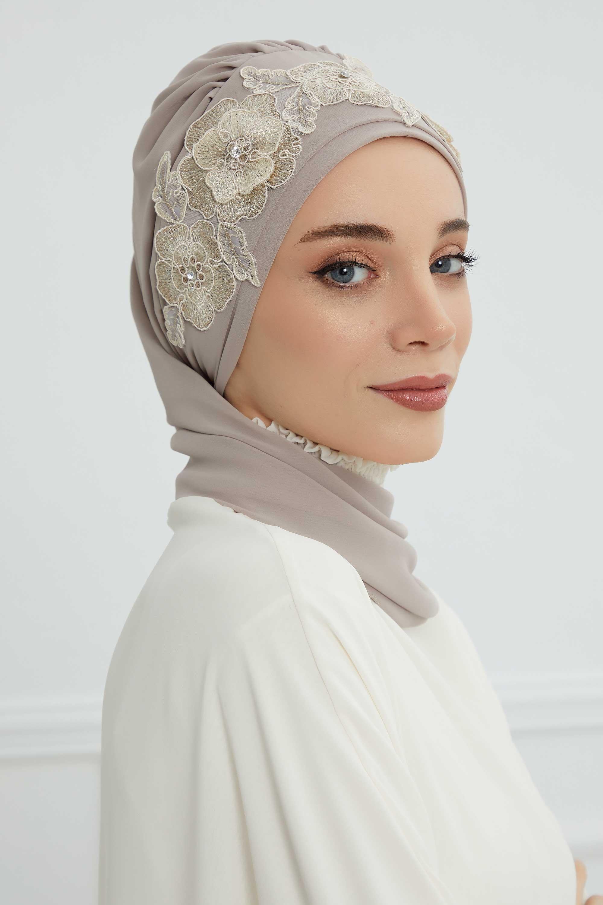 Çiçekli Taç Aksesuarlı Şifon Hazır Türban,HT-103,HT-103