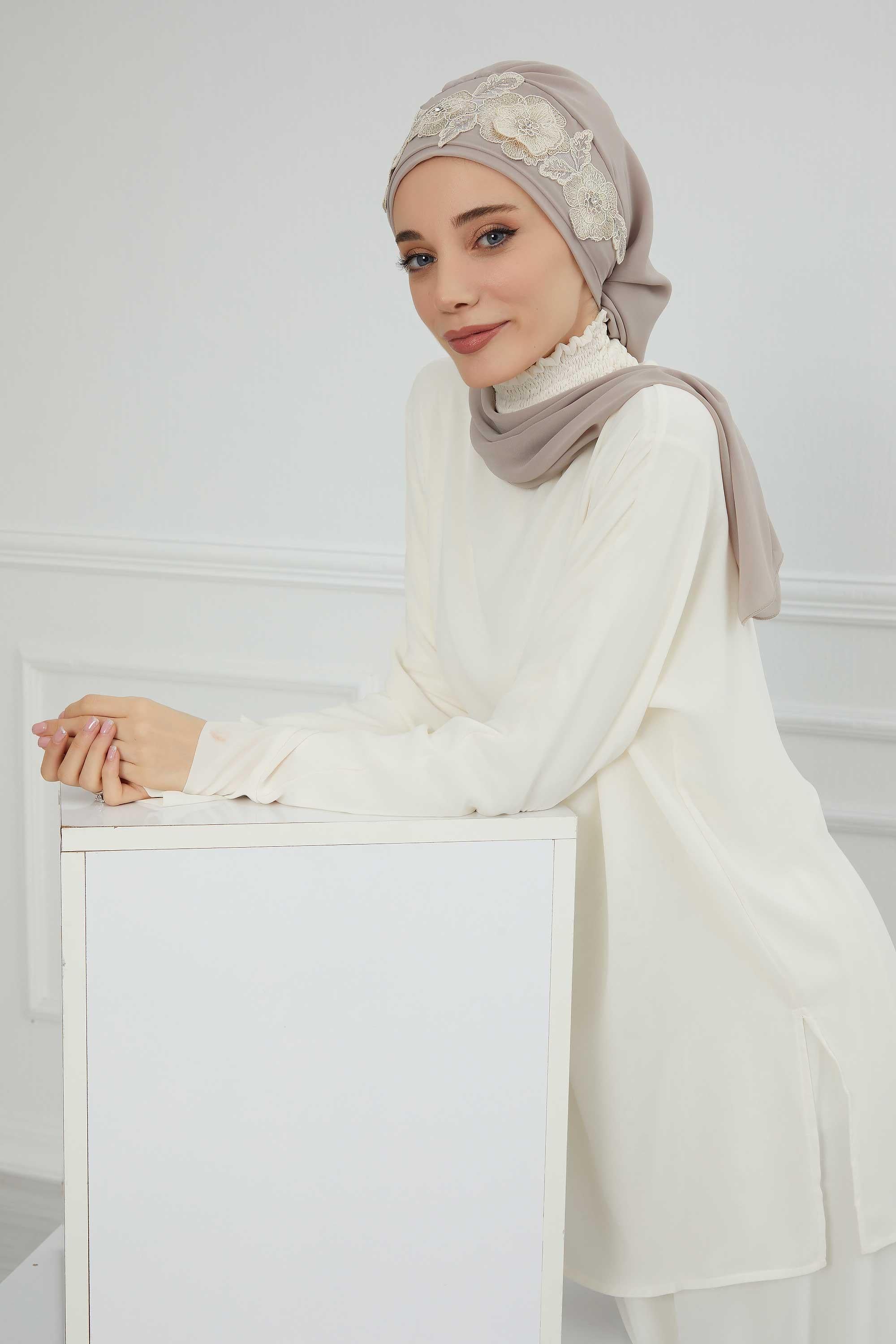 Çiçekli Taç Aksesuarlı Şifon Hazır Türban,HT-103,HT-103