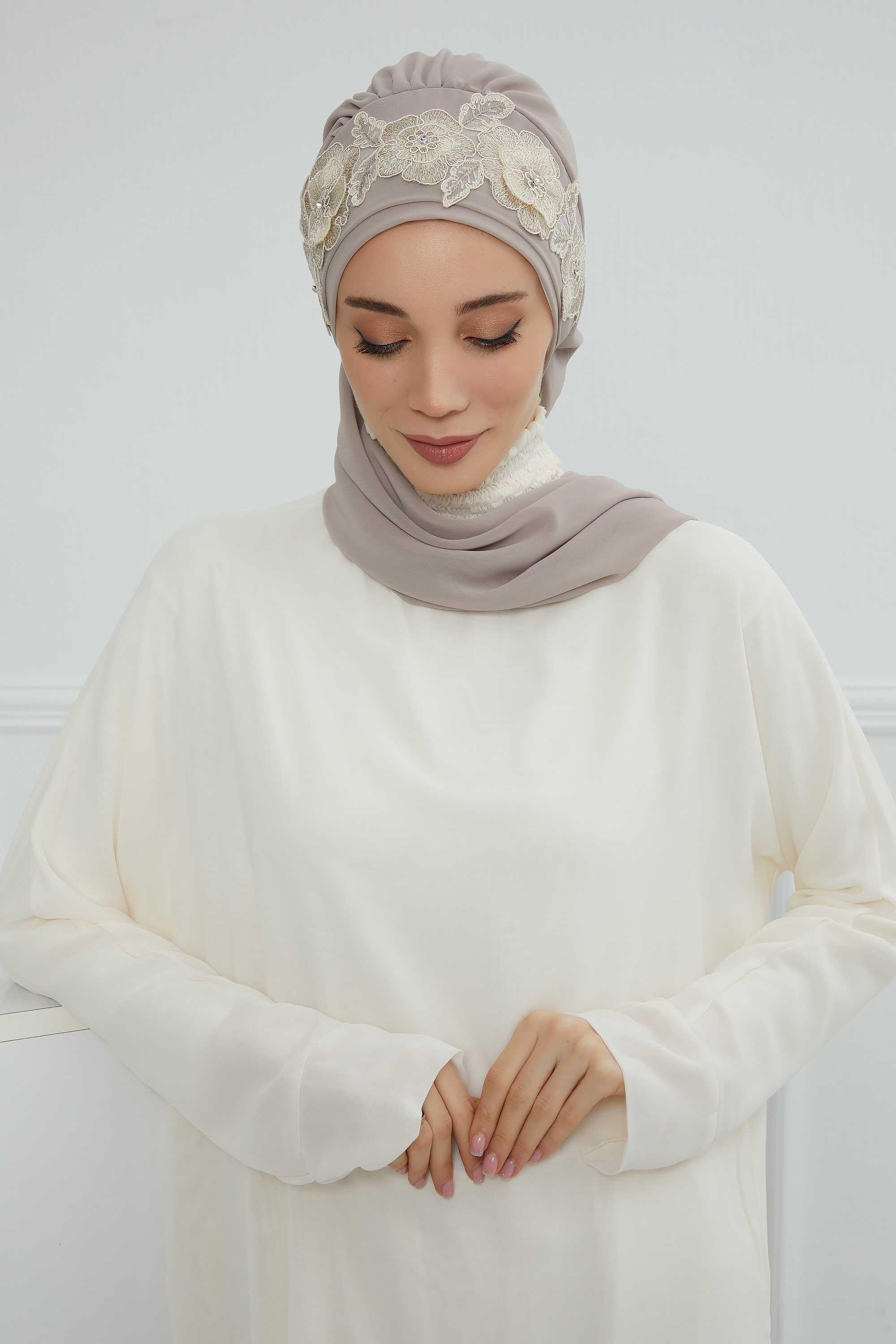 Çiçekli Taç Aksesuarlı Şifon Hazır Türban,HT-103,HT-103