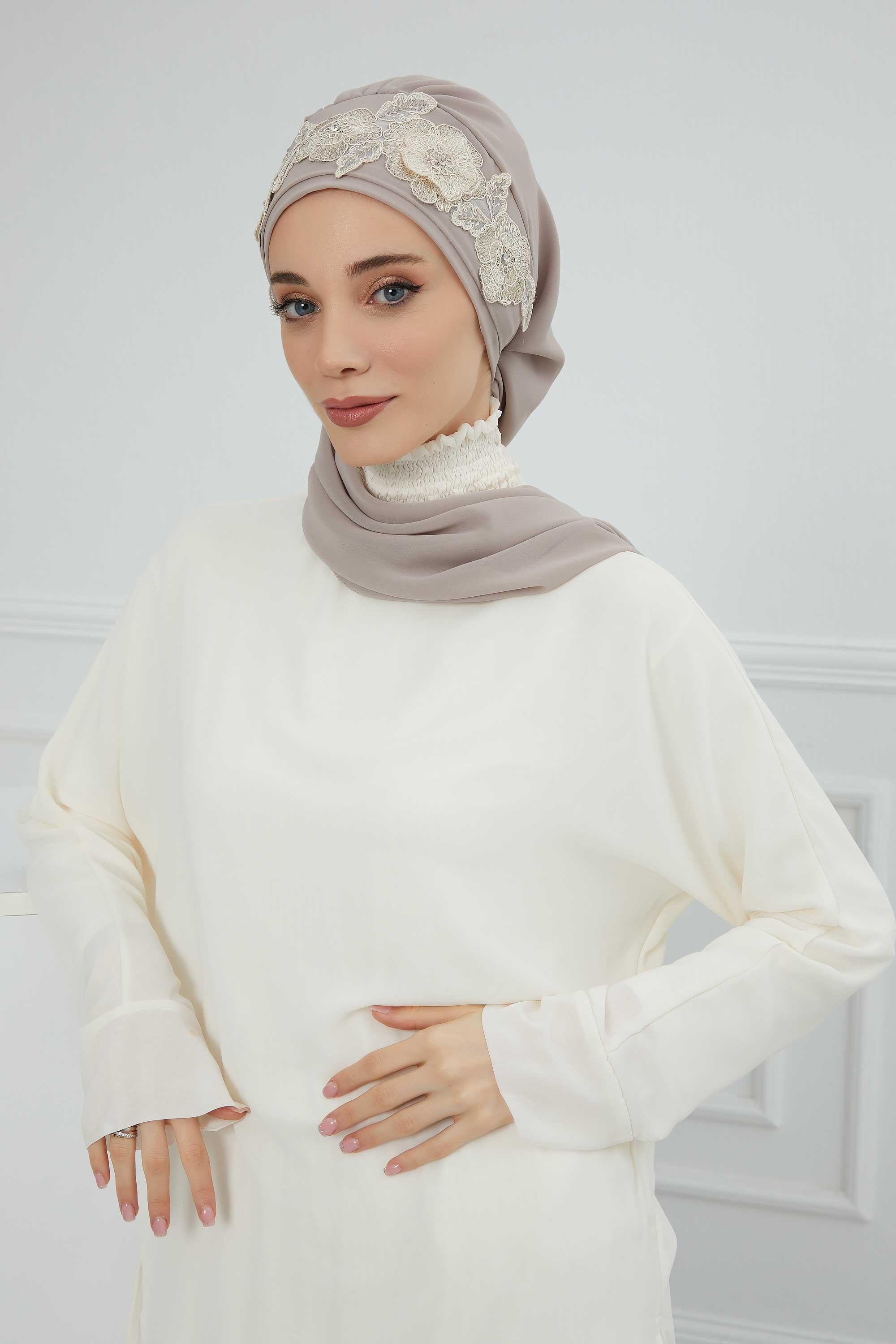 Çiçekli Taç Aksesuarlı Şifon Hazır Türban,HT-103,HT-103