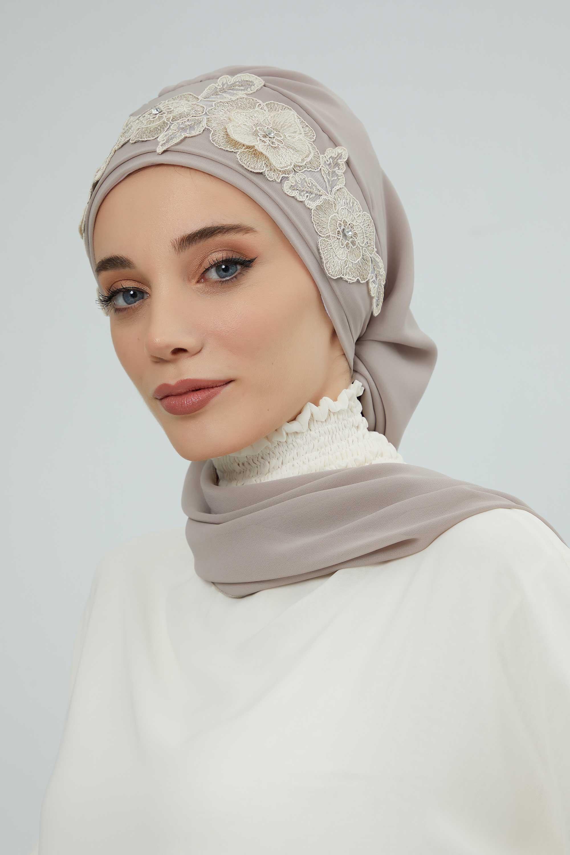 Çiçekli Taç Aksesuarlı Şifon Hazır Türban,HT-103,HT-103