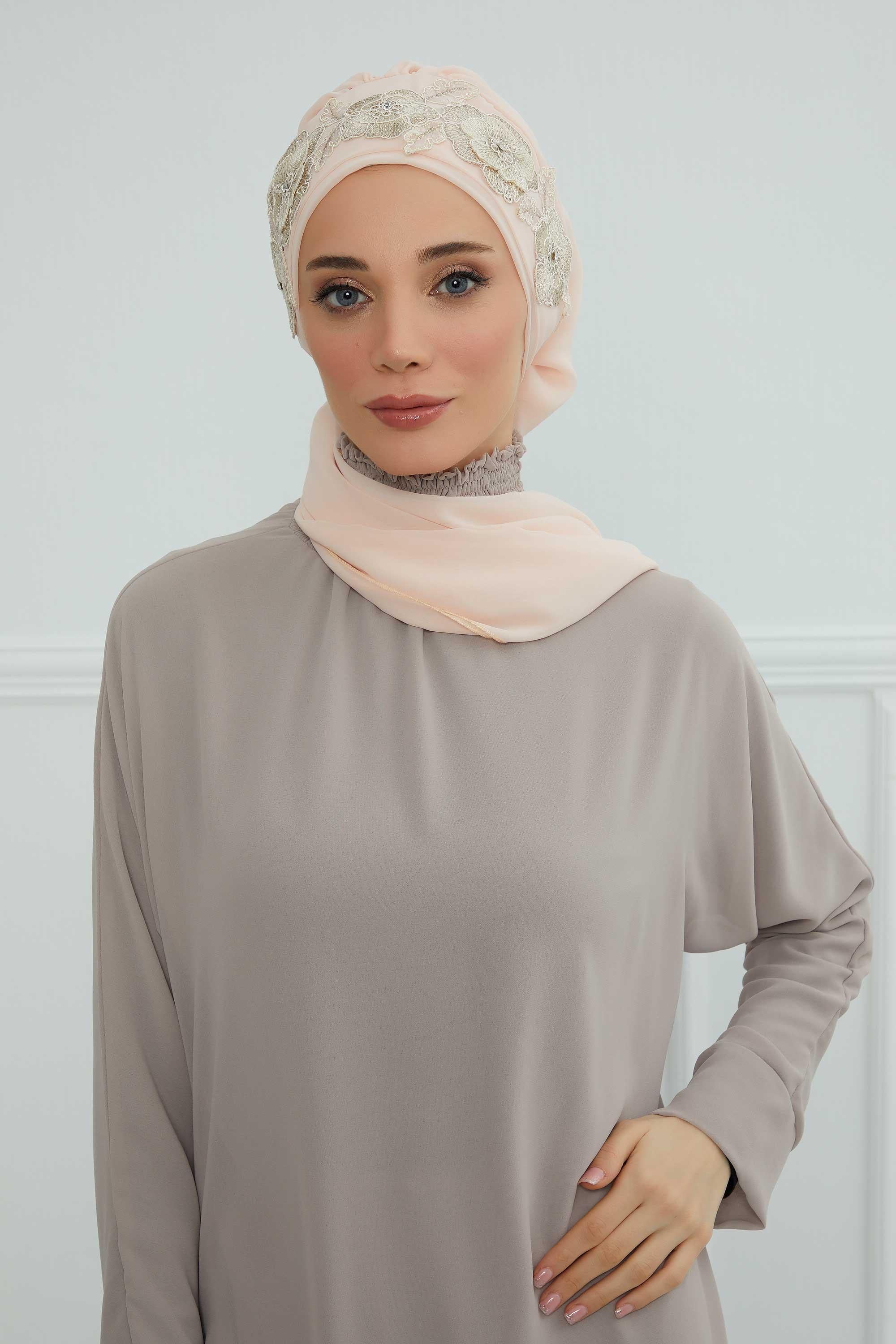 Çiçekli Taç Aksesuarlı Şifon Hazır Türban,HT-103,HT-103