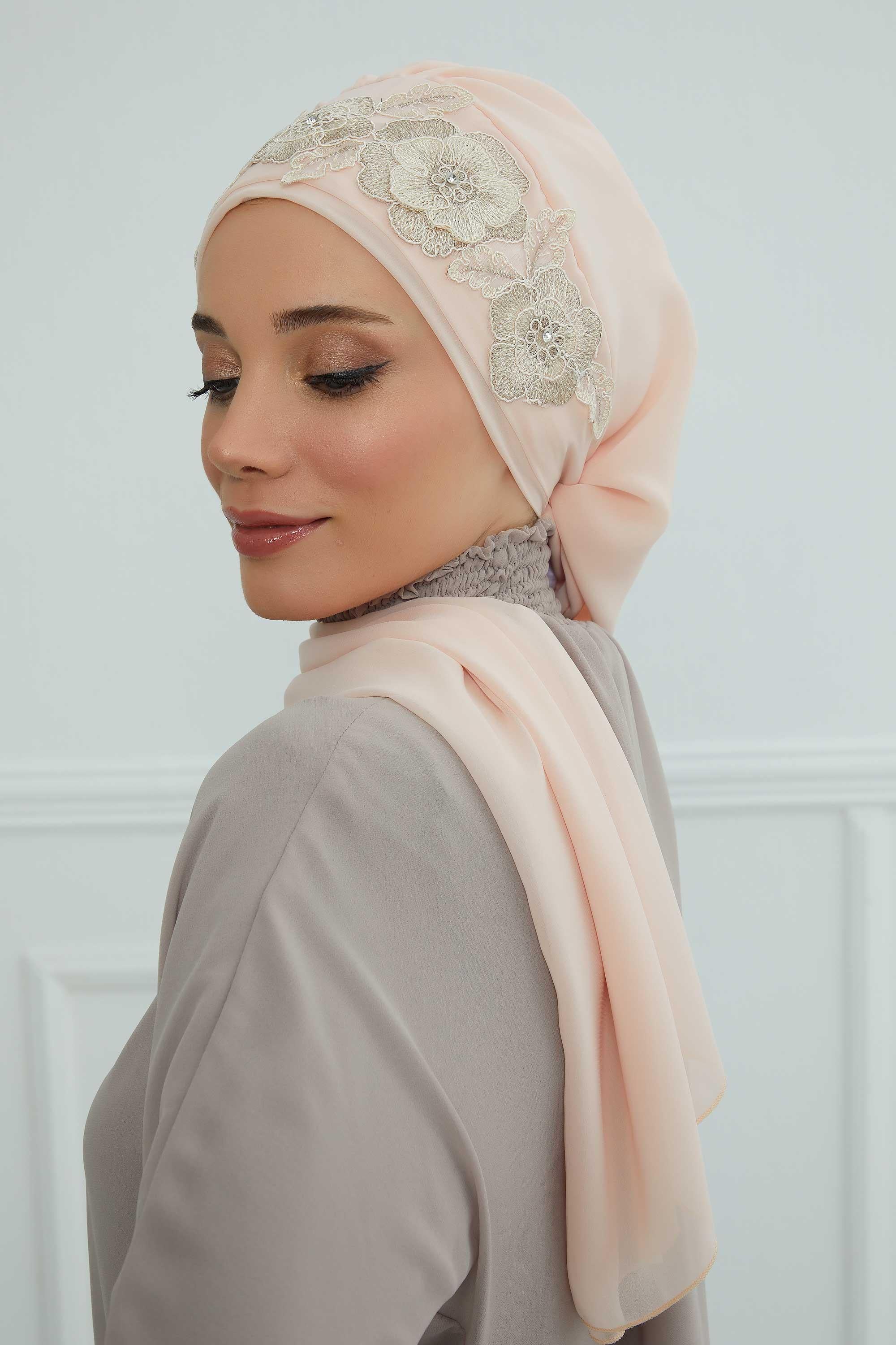 Çiçekli Taç Aksesuarlı Şifon Hazır Türban,HT-103,HT-103