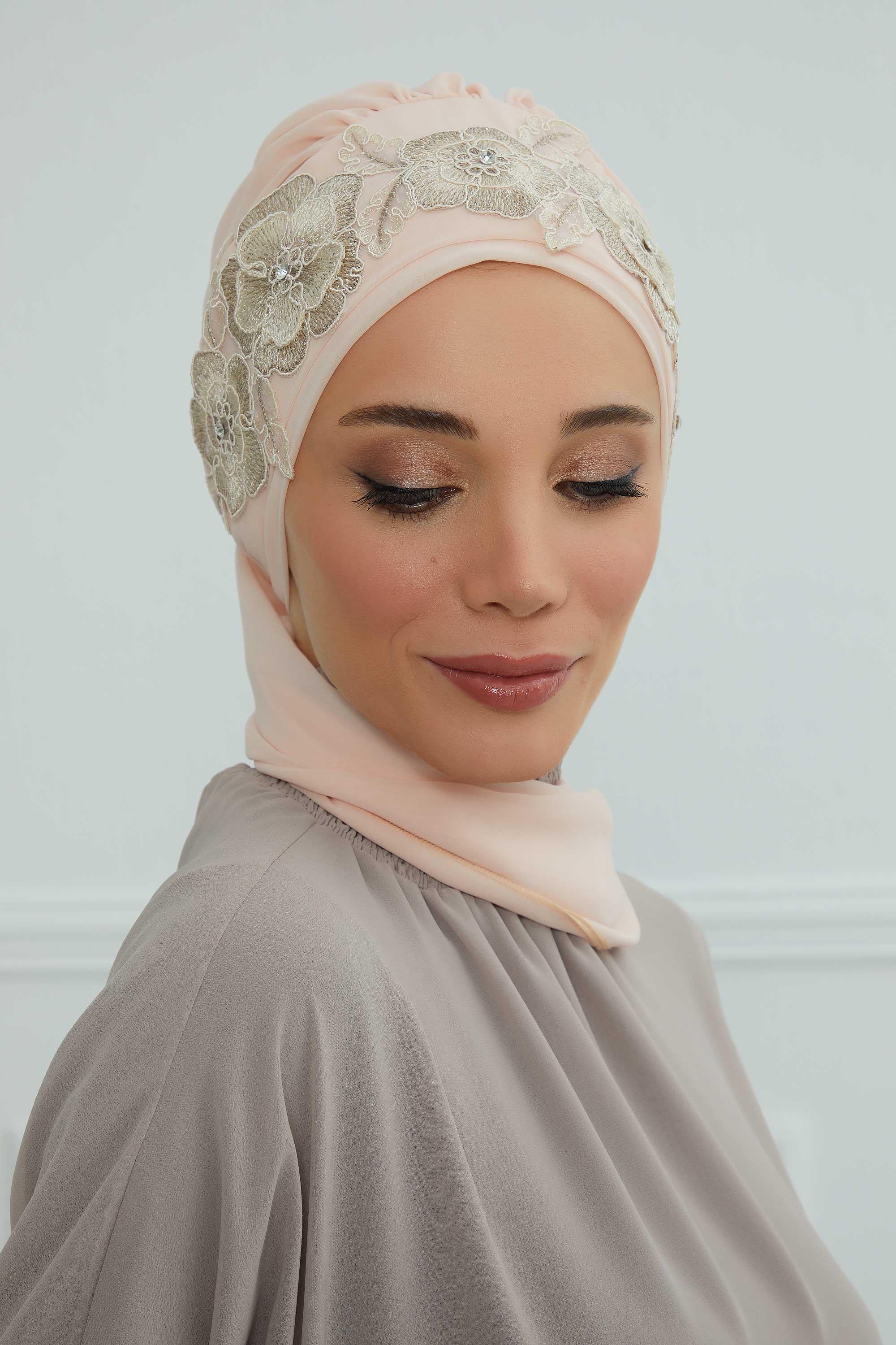 Çiçekli Taç Aksesuarlı Şifon Hazır Türban,HT-103,HT-103