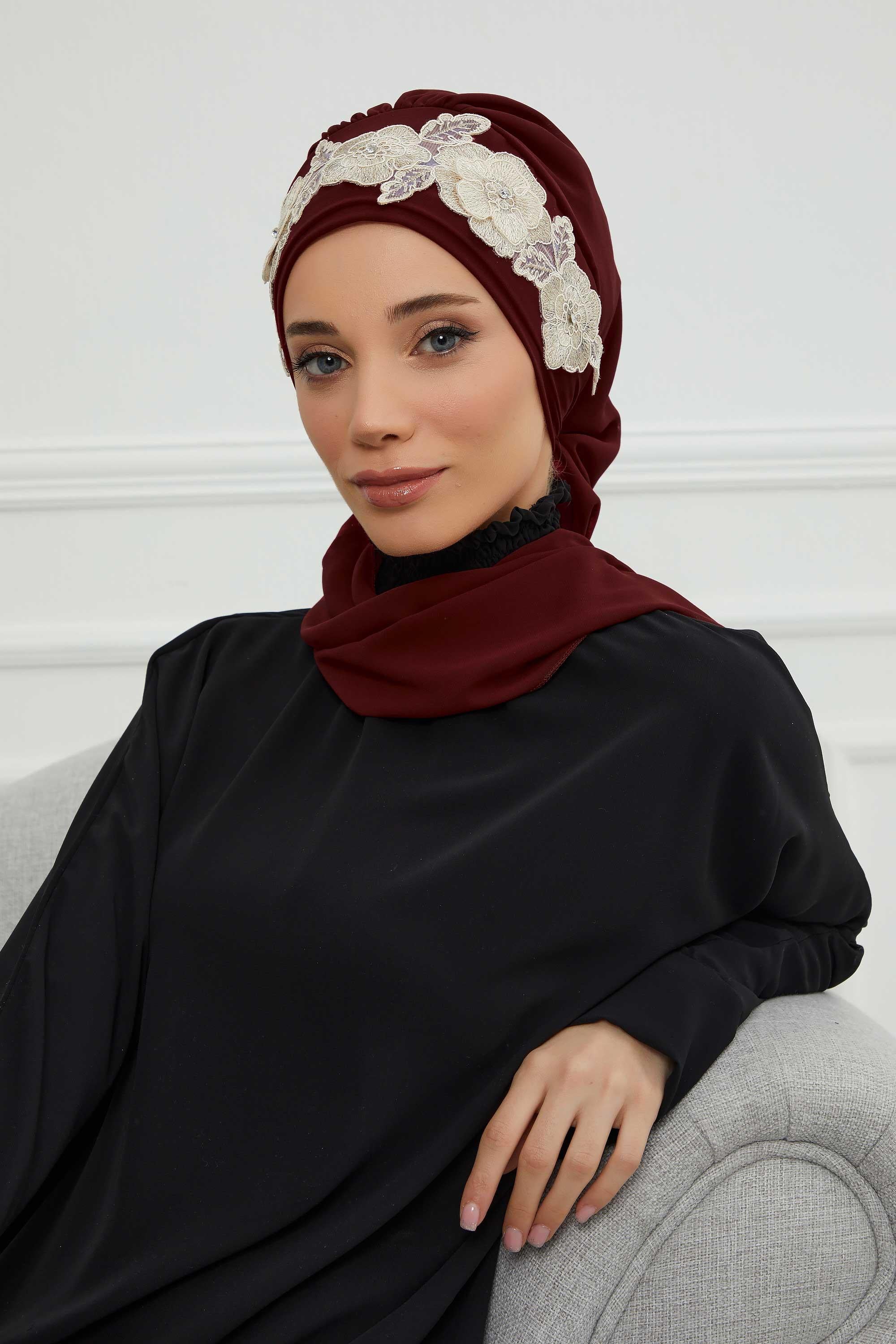 Çiçekli Taç Aksesuarlı Şifon Hazır Türban,HT-103,HT-103