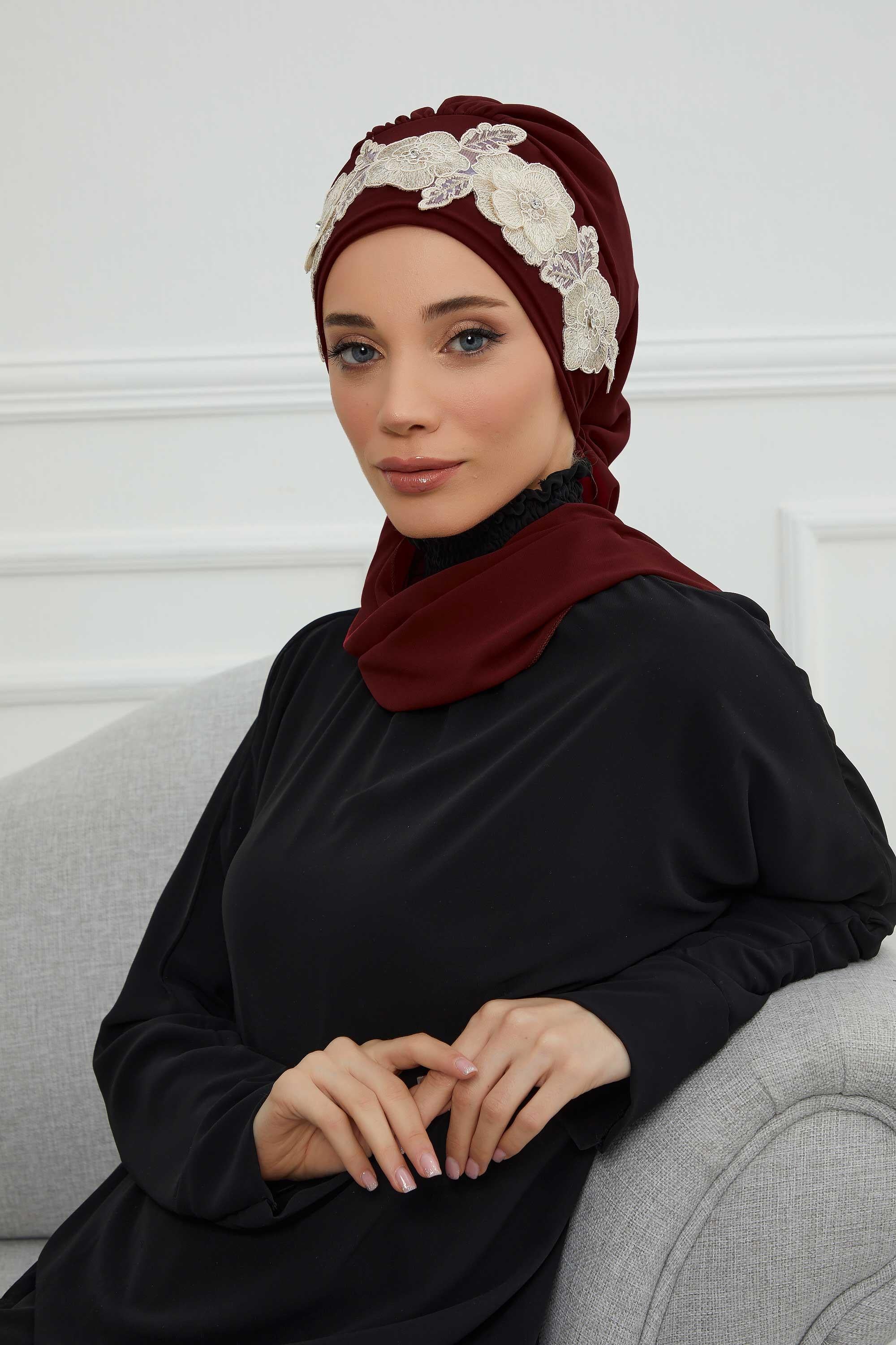 Çiçekli Taç Aksesuarlı Şifon Hazır Türban,HT-103,HT-103