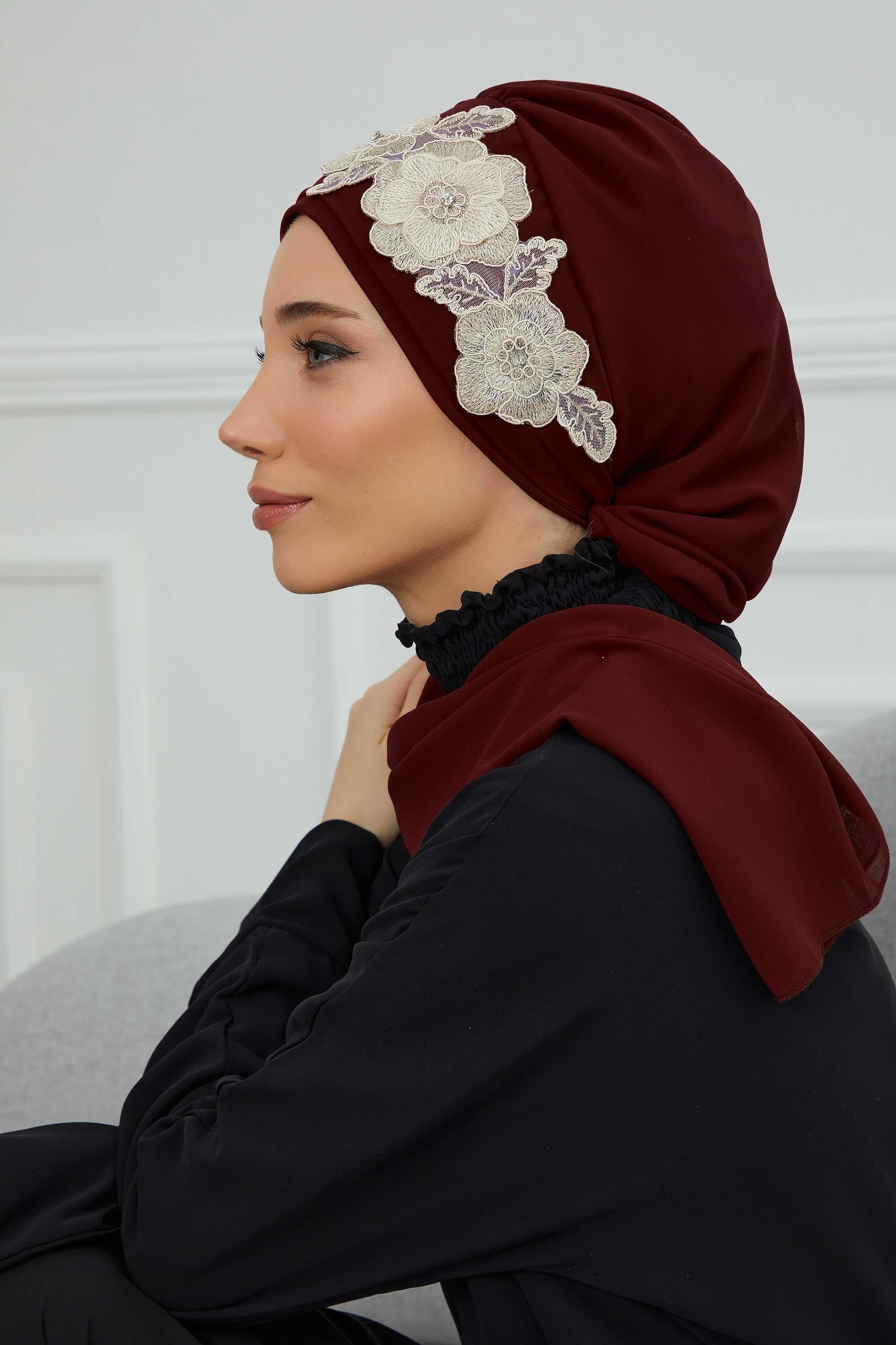 Çiçekli Taç Aksesuarlı Şifon Hazır Türban,HT-103,HT-103