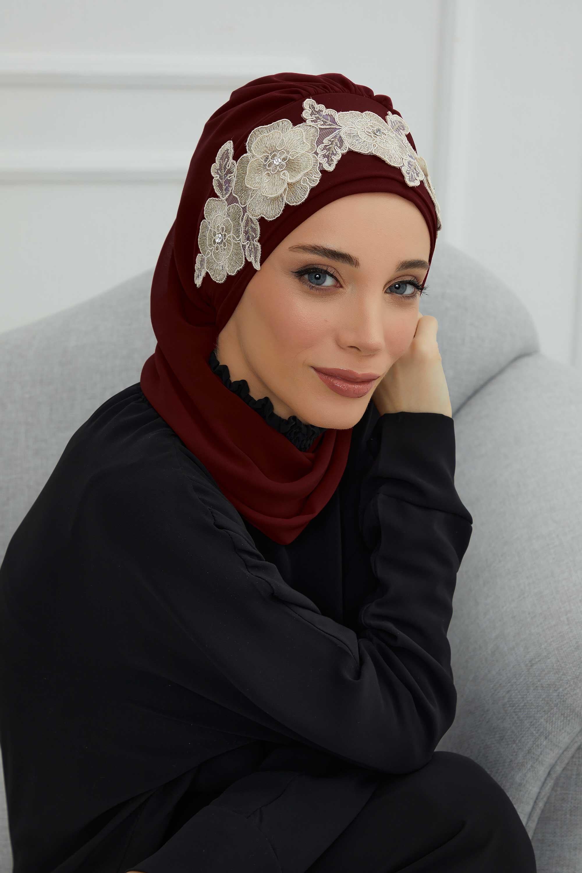 Çiçekli Taç Aksesuarlı Şifon Hazır Türban,HT-103,HT-103