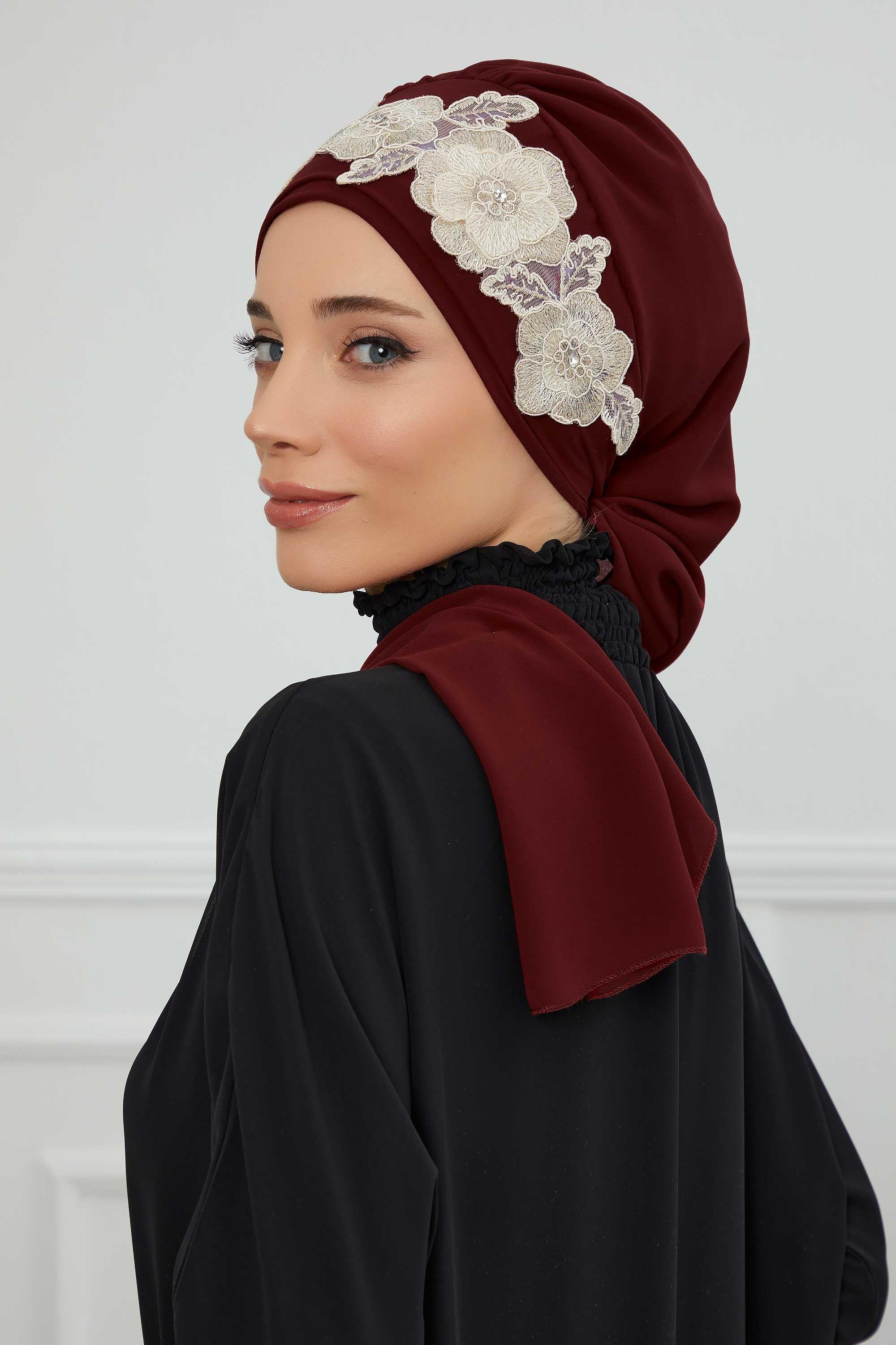 Çiçekli Taç Aksesuarlı Şifon Hazır Türban,HT-103,HT-103