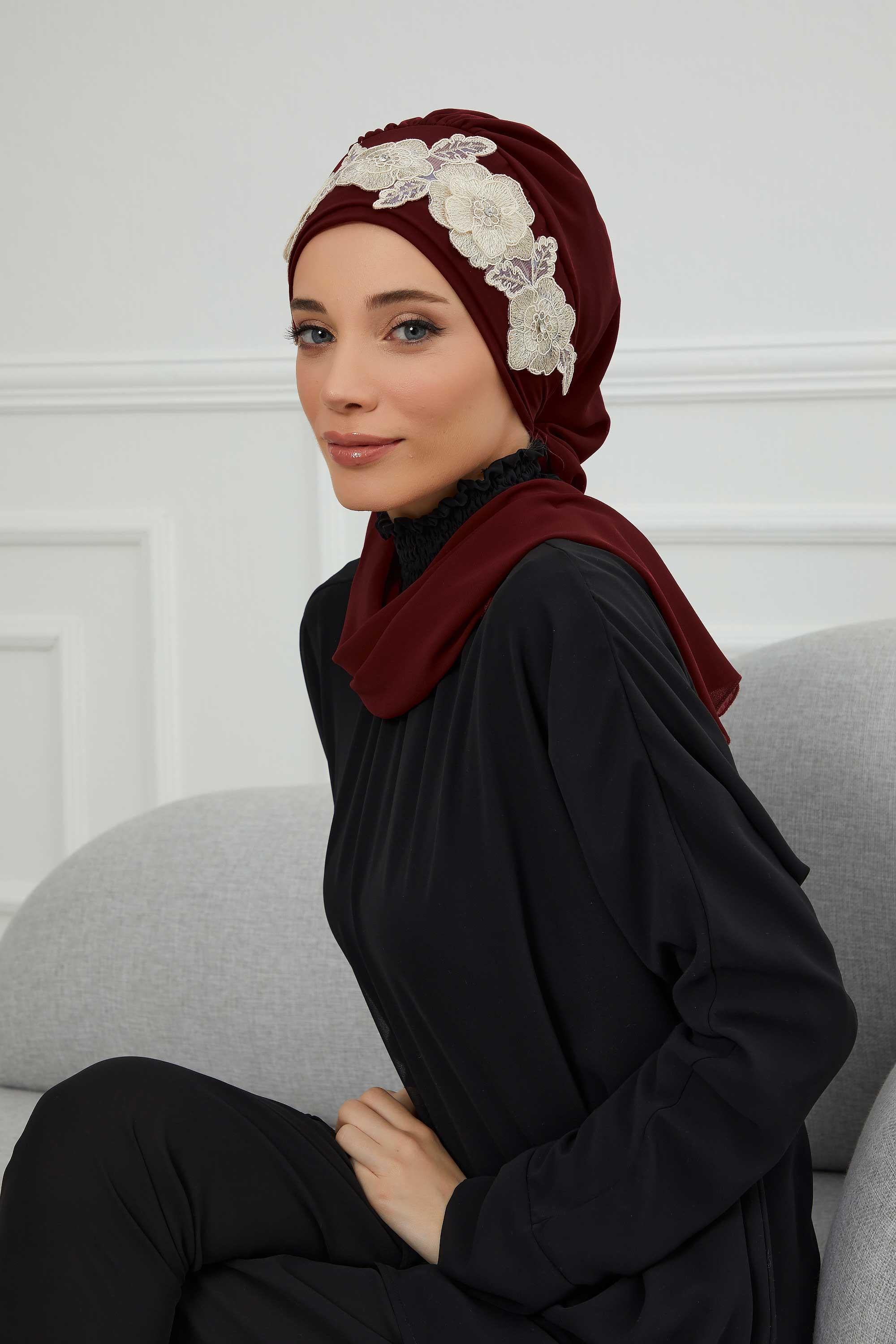 Çiçekli Taç Aksesuarlı Şifon Hazır Türban,HT-103,HT-103