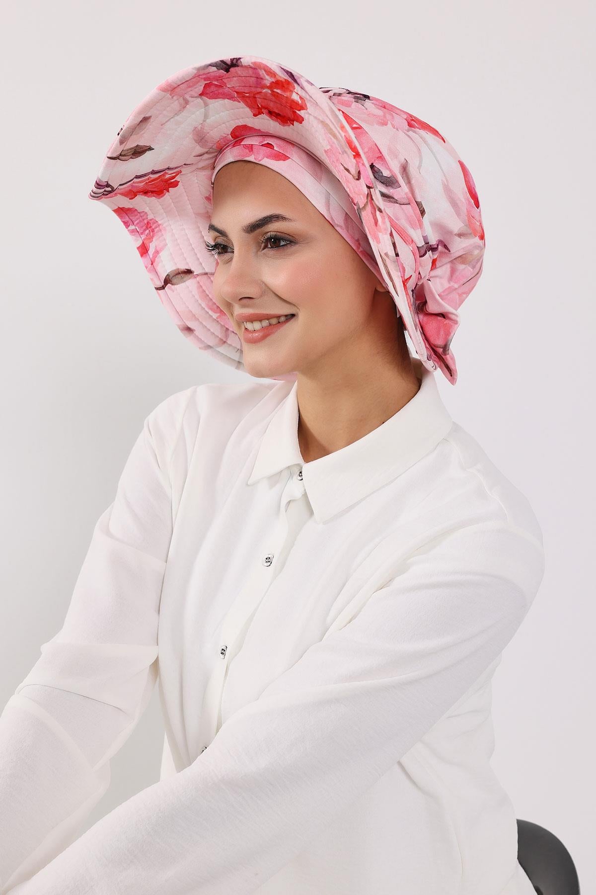 Çıkarılabilir Arkası Fiyonklu Desenli Şapkalı Bone Türban,S-4YD