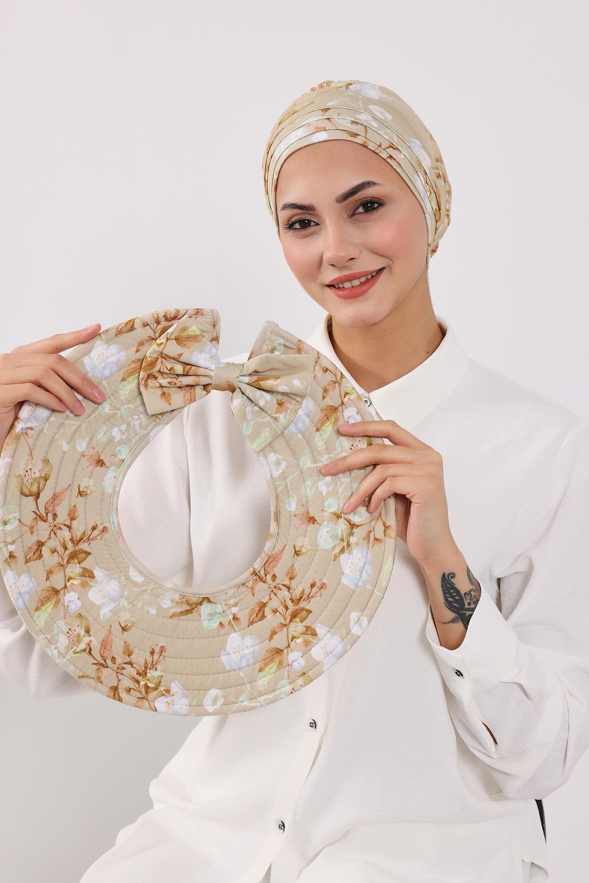 Çıkarılabilir Arkası Fiyonklu Desenli Şapkalı Bone Türban,S-4YD