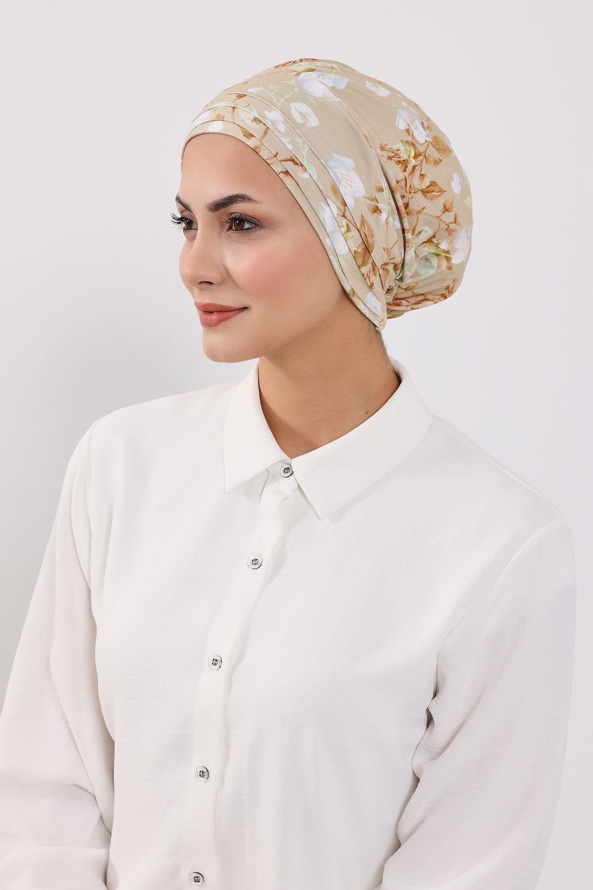 Çıkarılabilir Arkası Fiyonklu Desenli Şapkalı Bone Türban,S-4YD