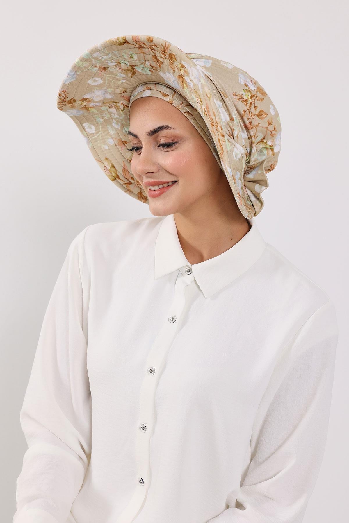 Çıkarılabilir Arkası Fiyonklu Desenli Şapkalı Bone Türban,S-4YD