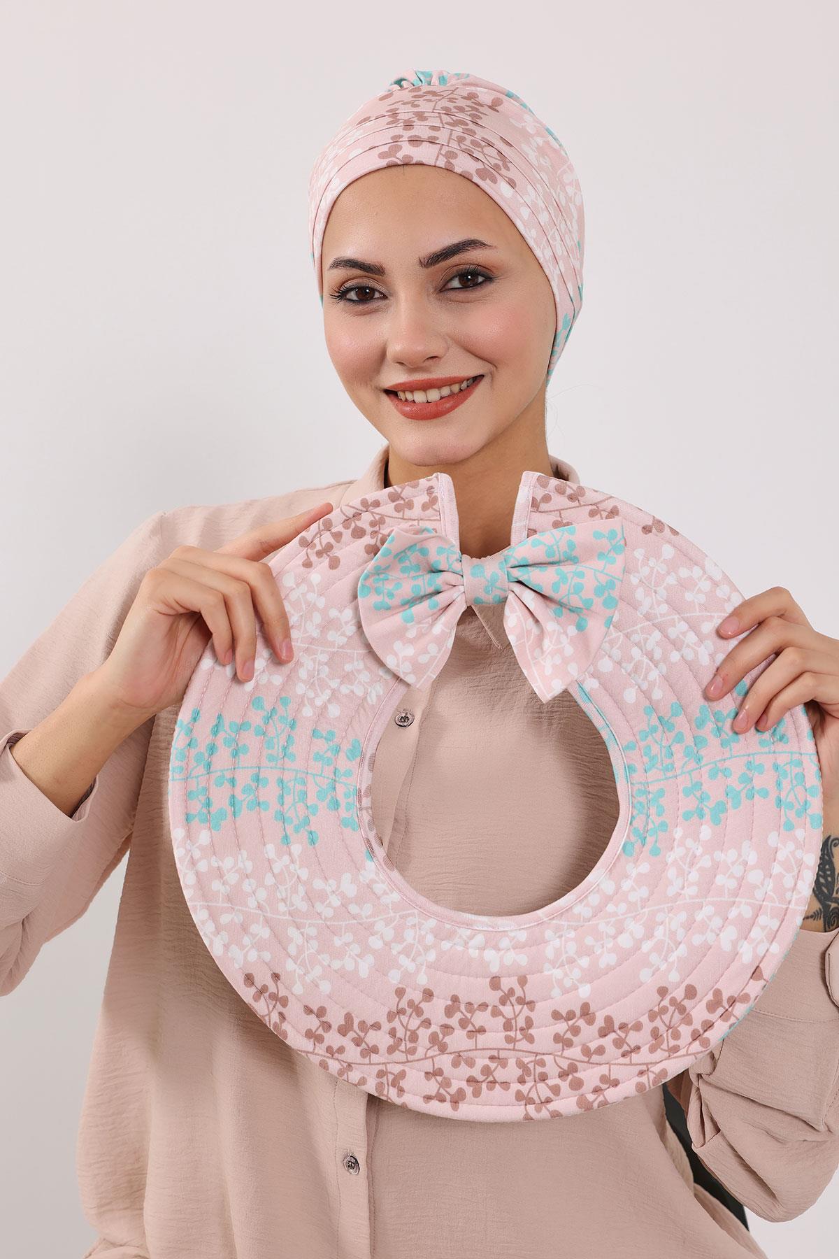 Çıkarılabilir Arkası Fiyonklu Desenli Şapkalı Bone Türban,S-4YD