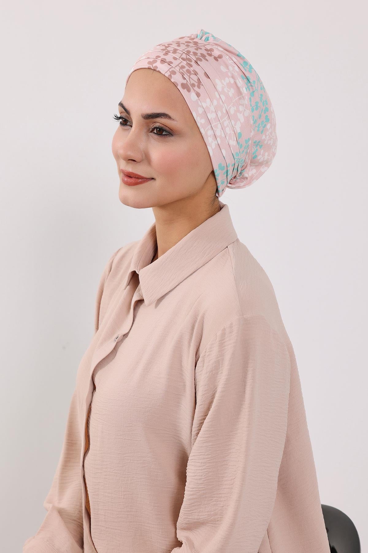 Çıkarılabilir Arkası Fiyonklu Desenli Şapkalı Bone Türban,S-4YD