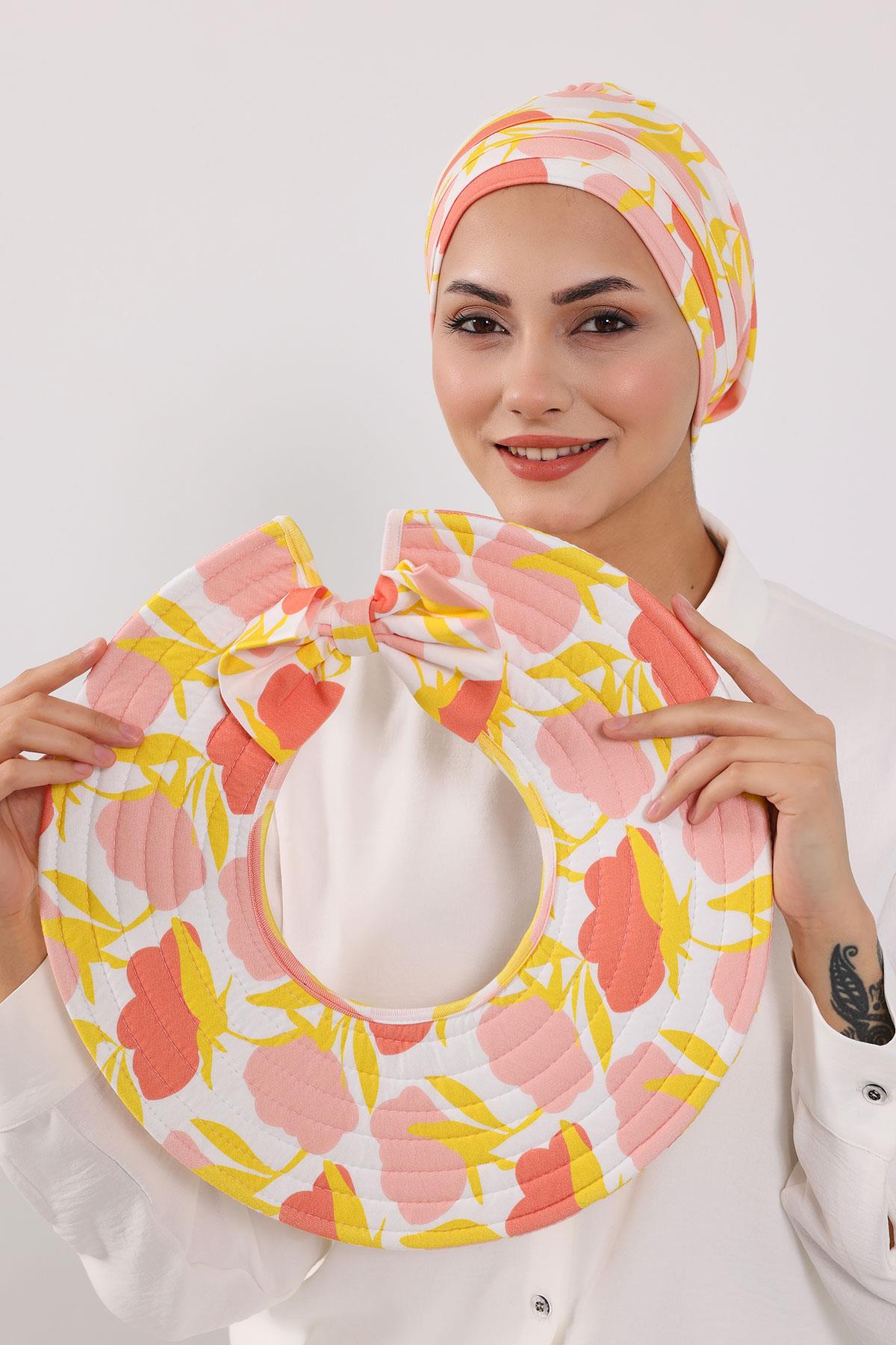 Çıkarılabilir Arkası Fiyonklu Desenli Şapkalı Bone Türban,S-4YD