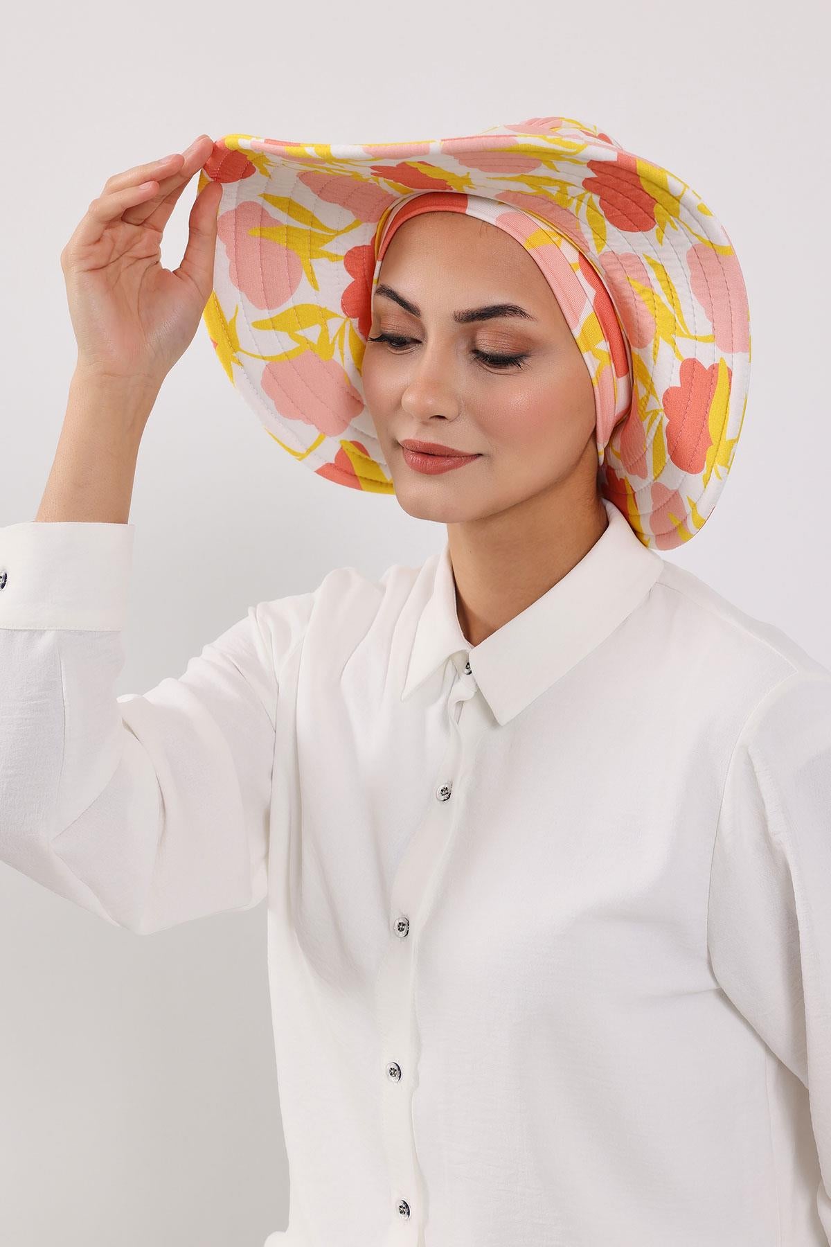 Çıkarılabilir Arkası Fiyonklu Desenli Şapkalı Bone Türban,S-4YD