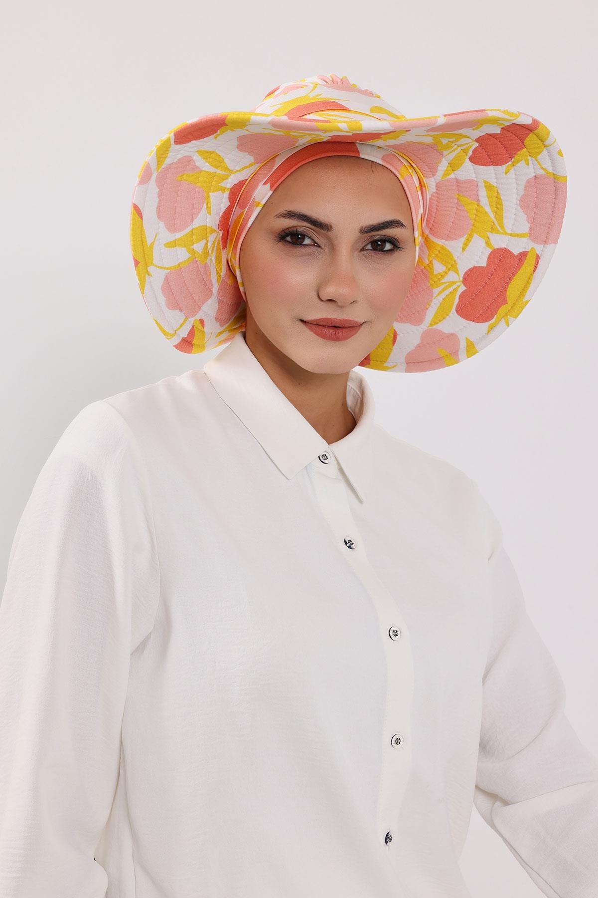 Çıkarılabilir Arkası Fiyonklu Desenli Şapkalı Bone Türban,S-4YD