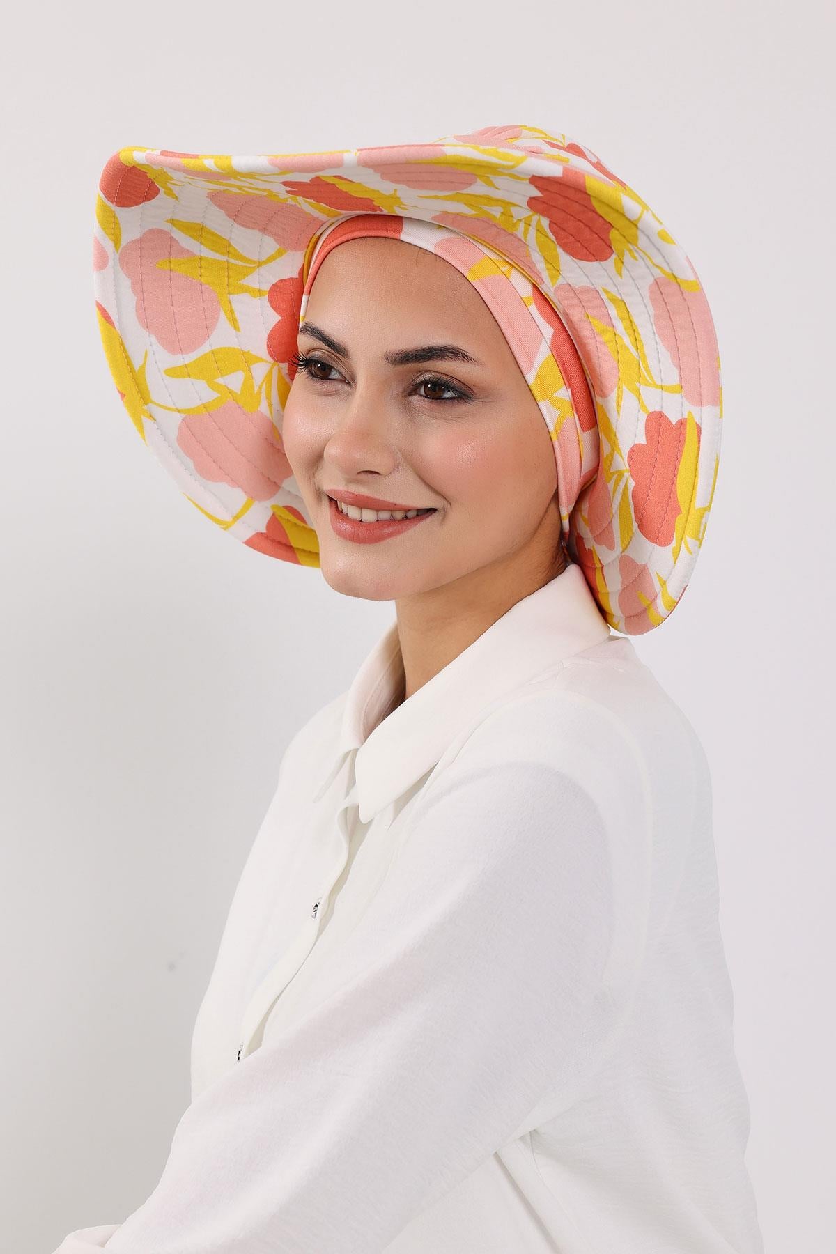 Çıkarılabilir Arkası Fiyonklu Desenli Şapkalı Bone Türban,S-4YD
