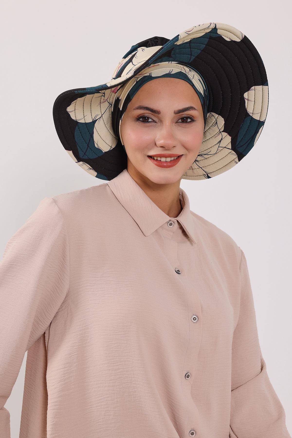 Çıkarılabilir Arkası Fiyonklu Desenli Şapkalı Bone Türban,S-4YD