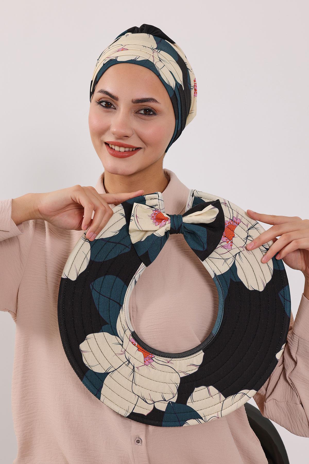 Çıkarılabilir Arkası Fiyonklu Desenli Şapkalı Bone Türban,S-4YD