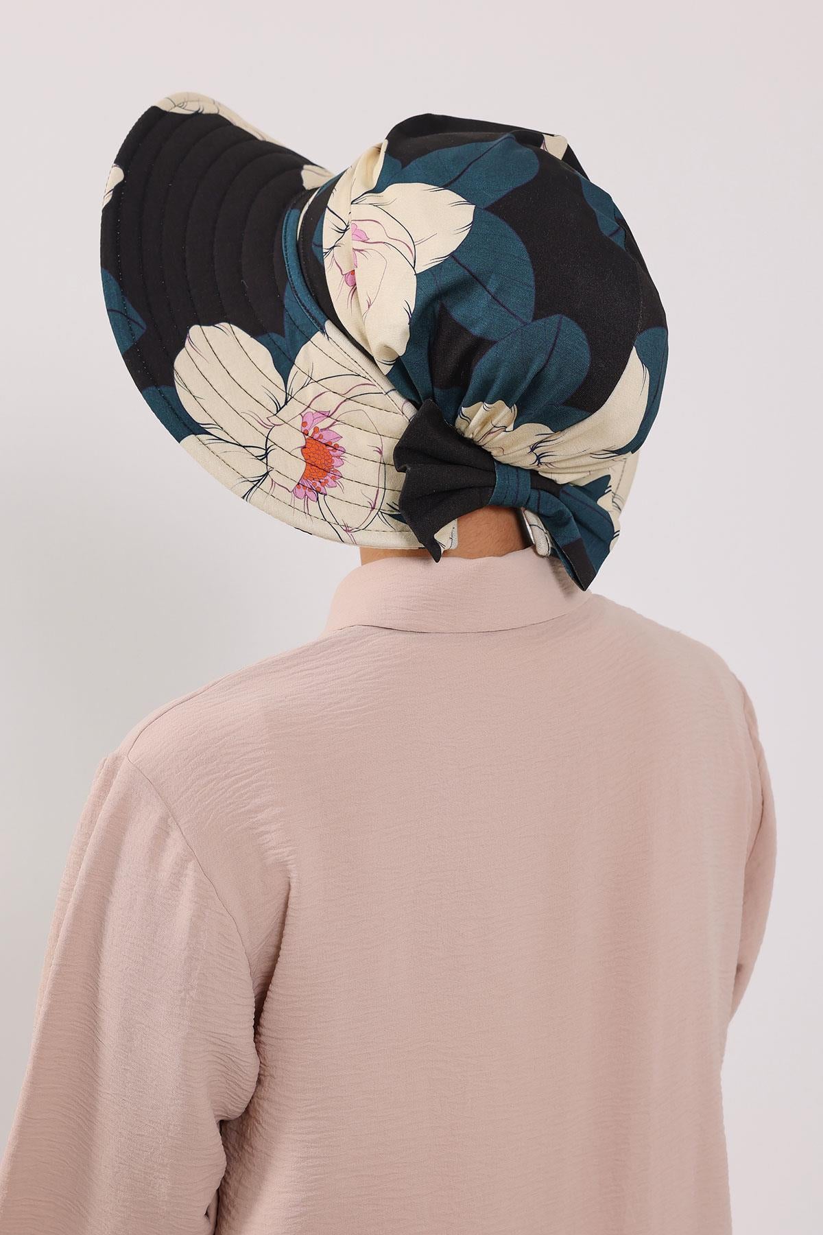 Çıkarılabilir Arkası Fiyonklu Desenli Şapkalı Bone Türban,S-4YD