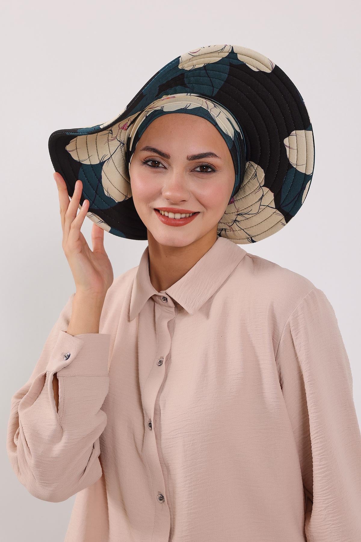 Çıkarılabilir Arkası Fiyonklu Desenli Şapkalı Bone Türban,S-4YD