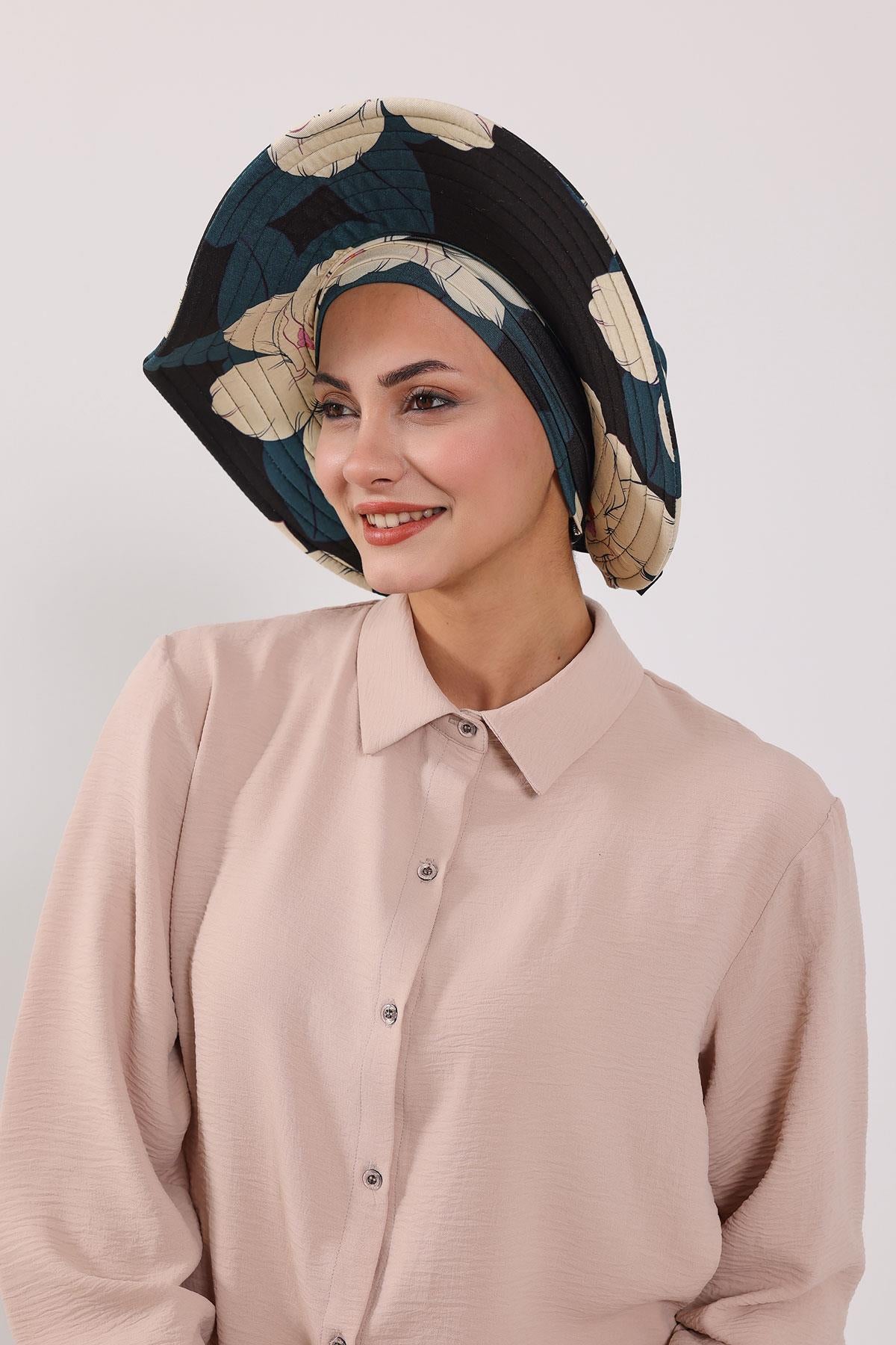 Çıkarılabilir Arkası Fiyonklu Desenli Şapkalı Bone Türban,S-4YD