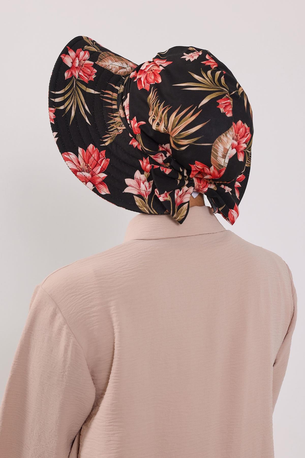 Çıkarılabilir Arkası Fiyonklu Desenli Şapkalı Bone Türban,S-4YD