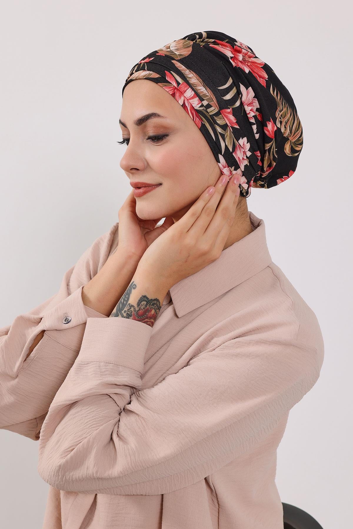 Çıkarılabilir Arkası Fiyonklu Desenli Şapkalı Bone Türban,S-4YD