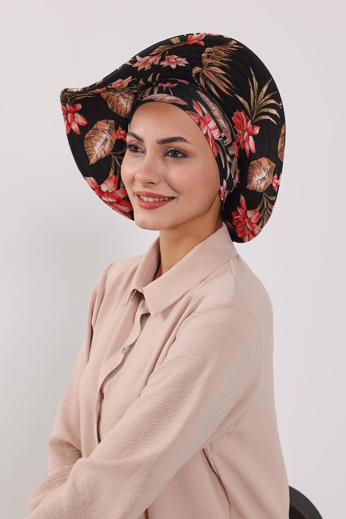 Çıkarılabilir Arkası Fiyonklu Desenli Şapkalı Bone Türban,S-4YD
