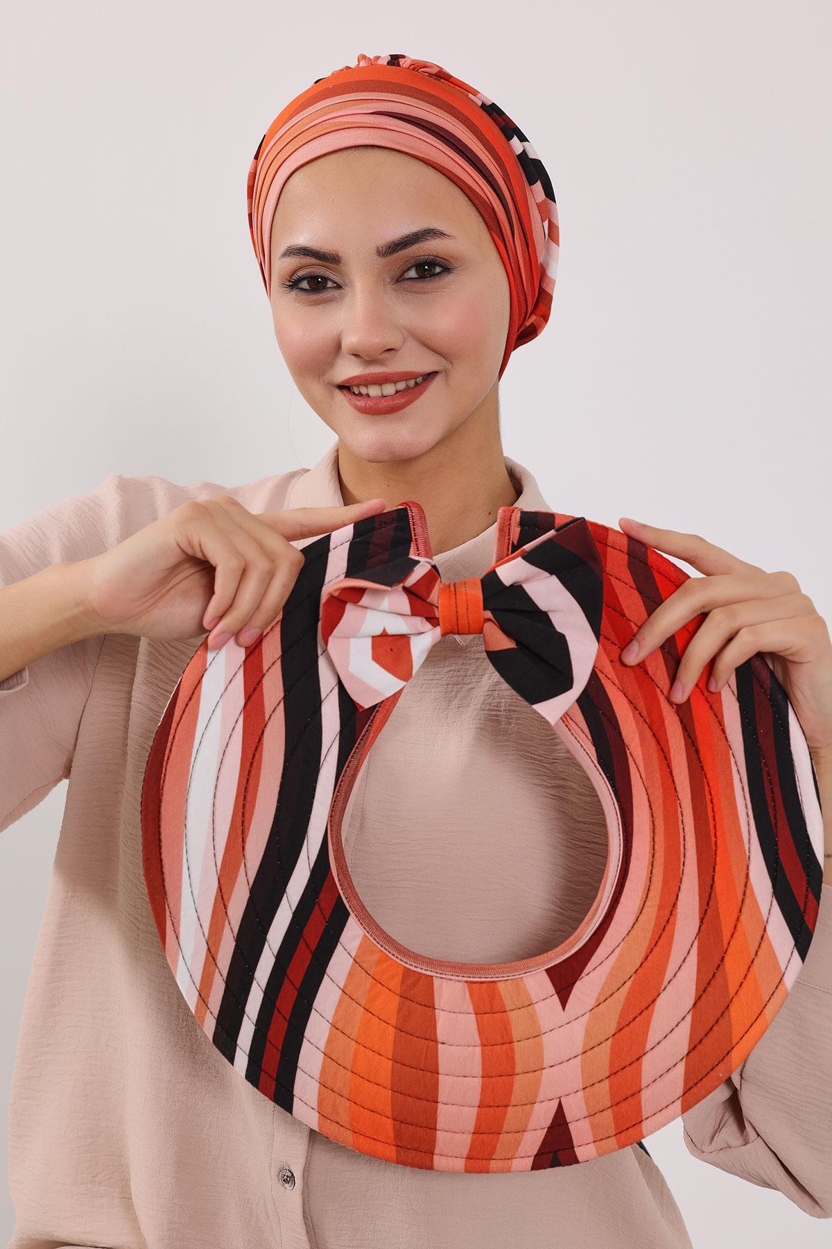 Çıkarılabilir Arkası Fiyonklu Desenli Şapkalı Bone Türban,S-4YD