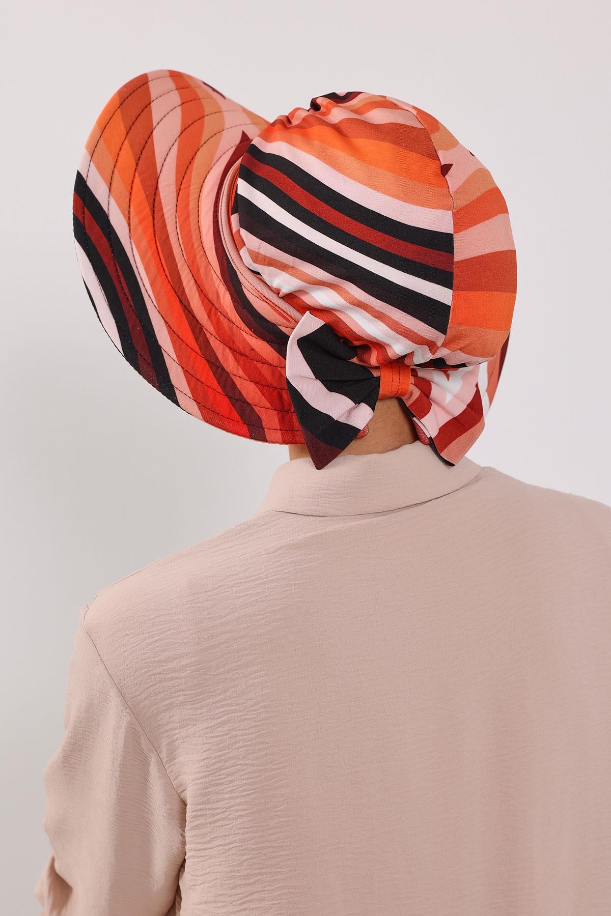 Çıkarılabilir Arkası Fiyonklu Desenli Şapkalı Bone Türban,S-4YD