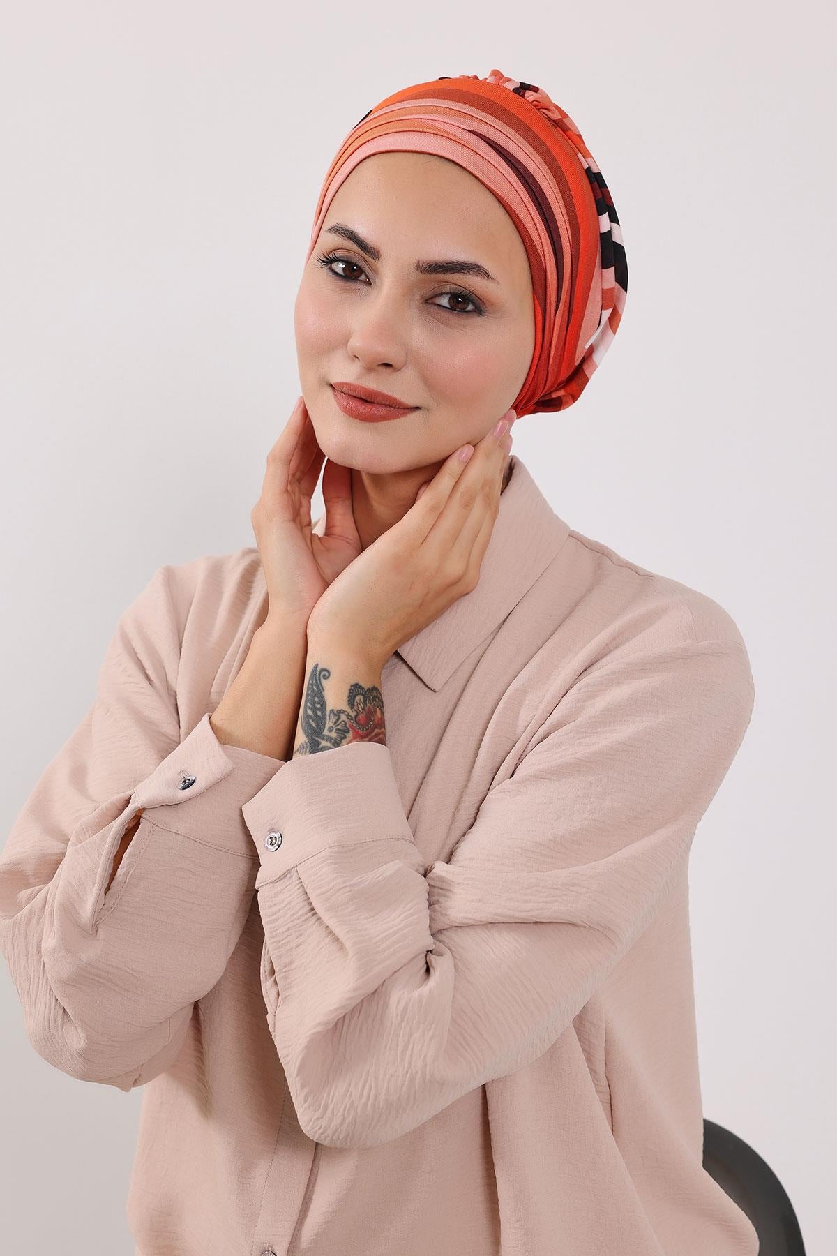 Çıkarılabilir Arkası Fiyonklu Desenli Şapkalı Bone Türban,S-4YD