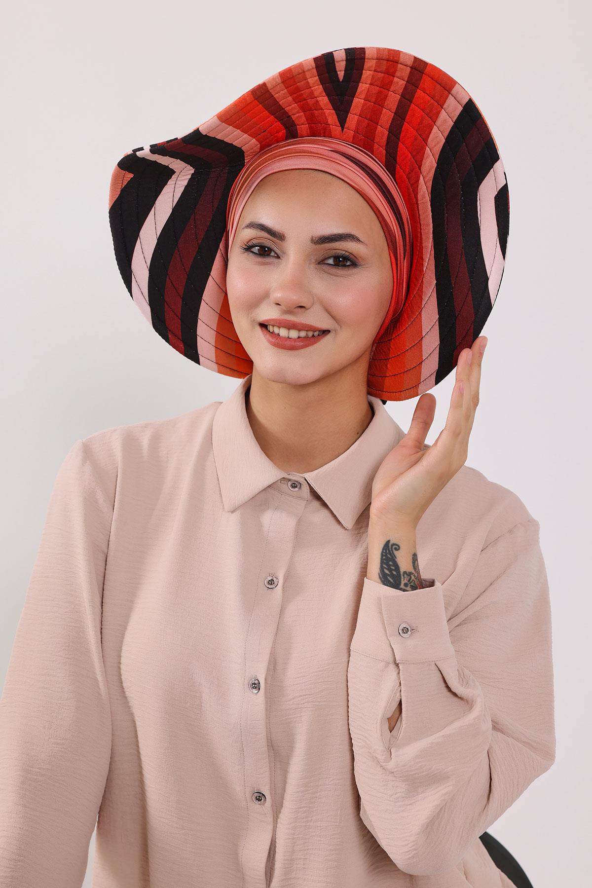 Çıkarılabilir Arkası Fiyonklu Desenli Şapkalı Bone Türban,S-4YD