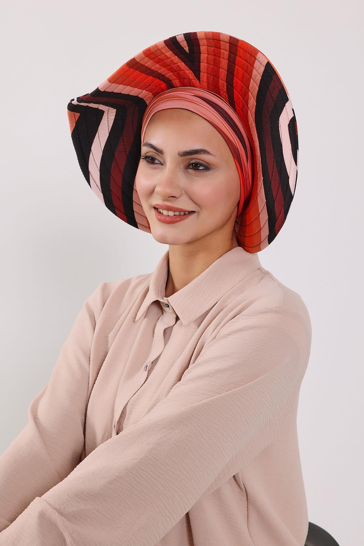 Çıkarılabilir Arkası Fiyonklu Desenli Şapkalı Bone Türban,S-4YD