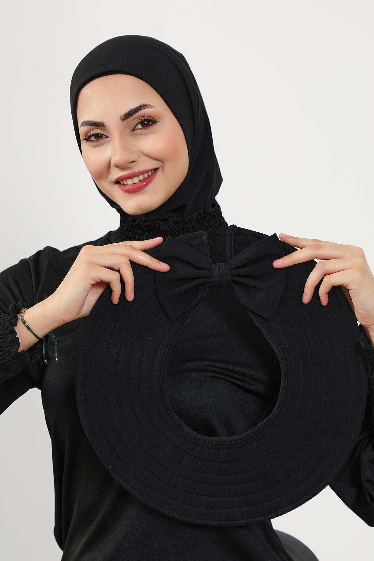Çıkarılabilir Arkası Fiyonklu Ninja Bone ve Şapkalı Tesettür (Deniz,Havuz) Yüzücü Bonesi,S-5SN