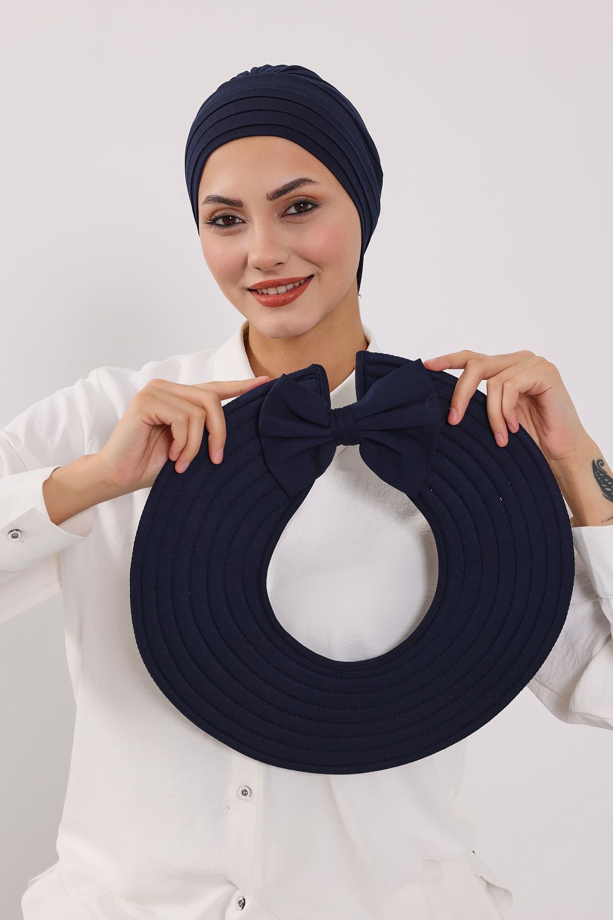 Çıkarılabilir Arkası Fiyonklu Şapkalı Penye Bone Türban,S-4