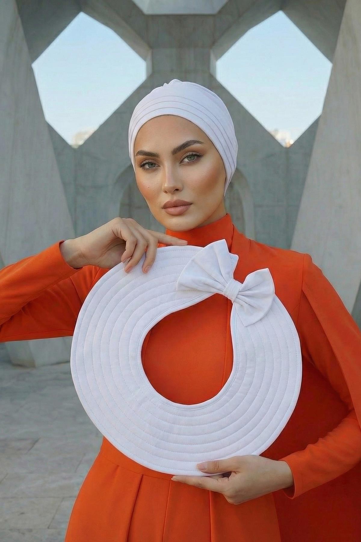 Çıkarılabilir Arkası Fiyonklu Şapkalı Penye Bone Türban,S-4