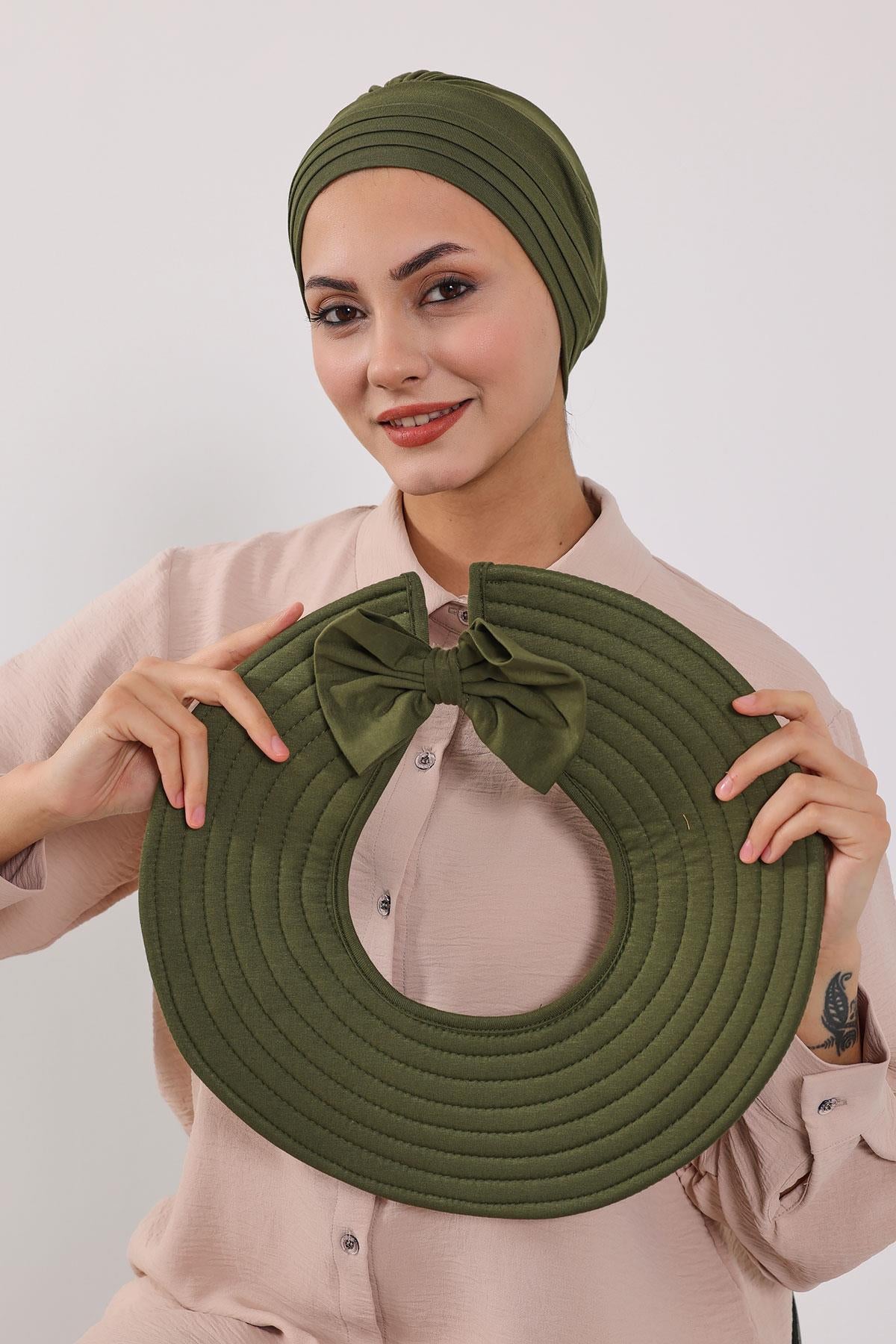 Çıkarılabilir Arkası Fiyonklu Şapkalı Penye Bone Türban,S-4