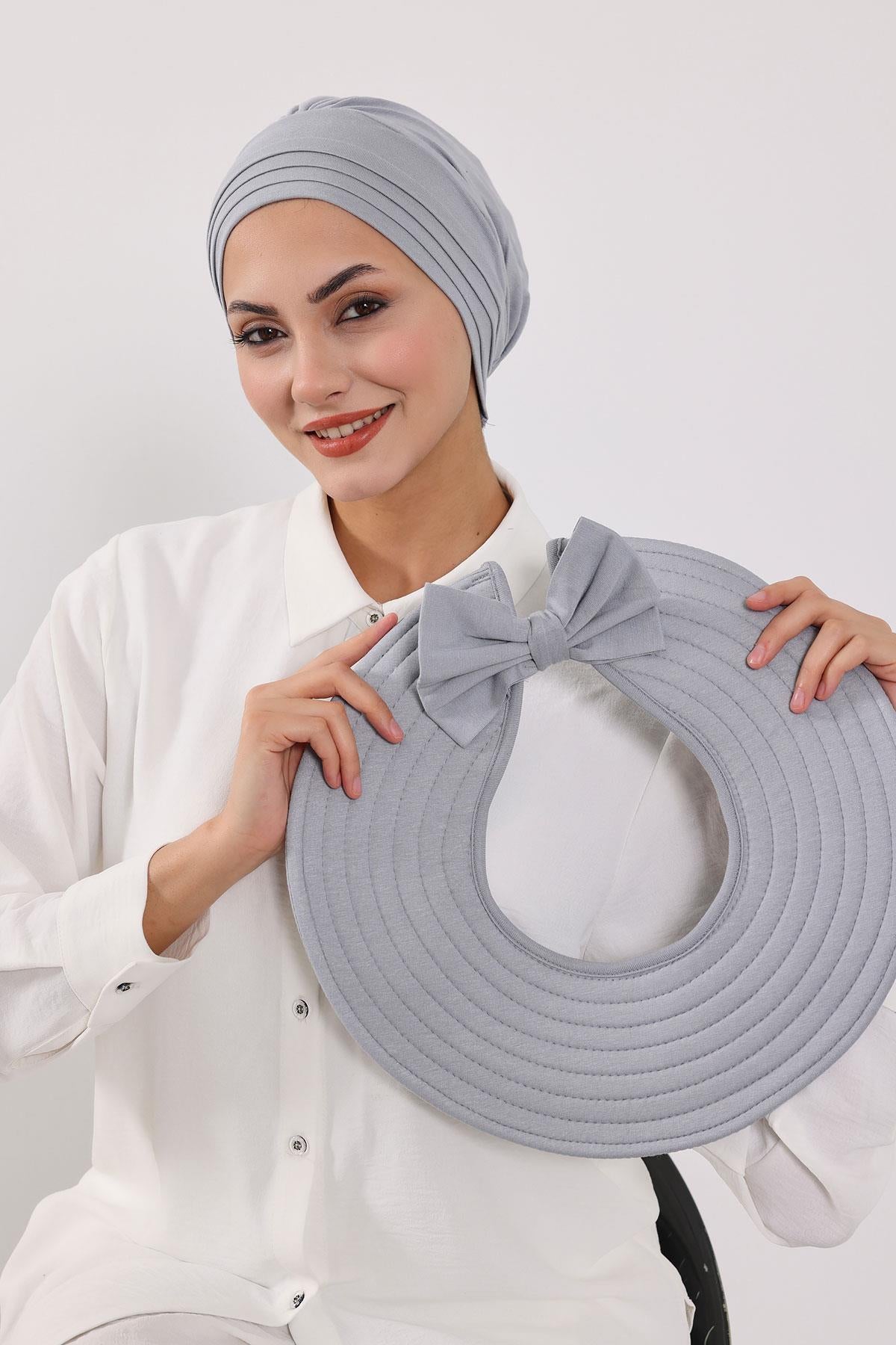Çıkarılabilir Arkası Fiyonklu Şapkalı Penye Bone Türban,S-4