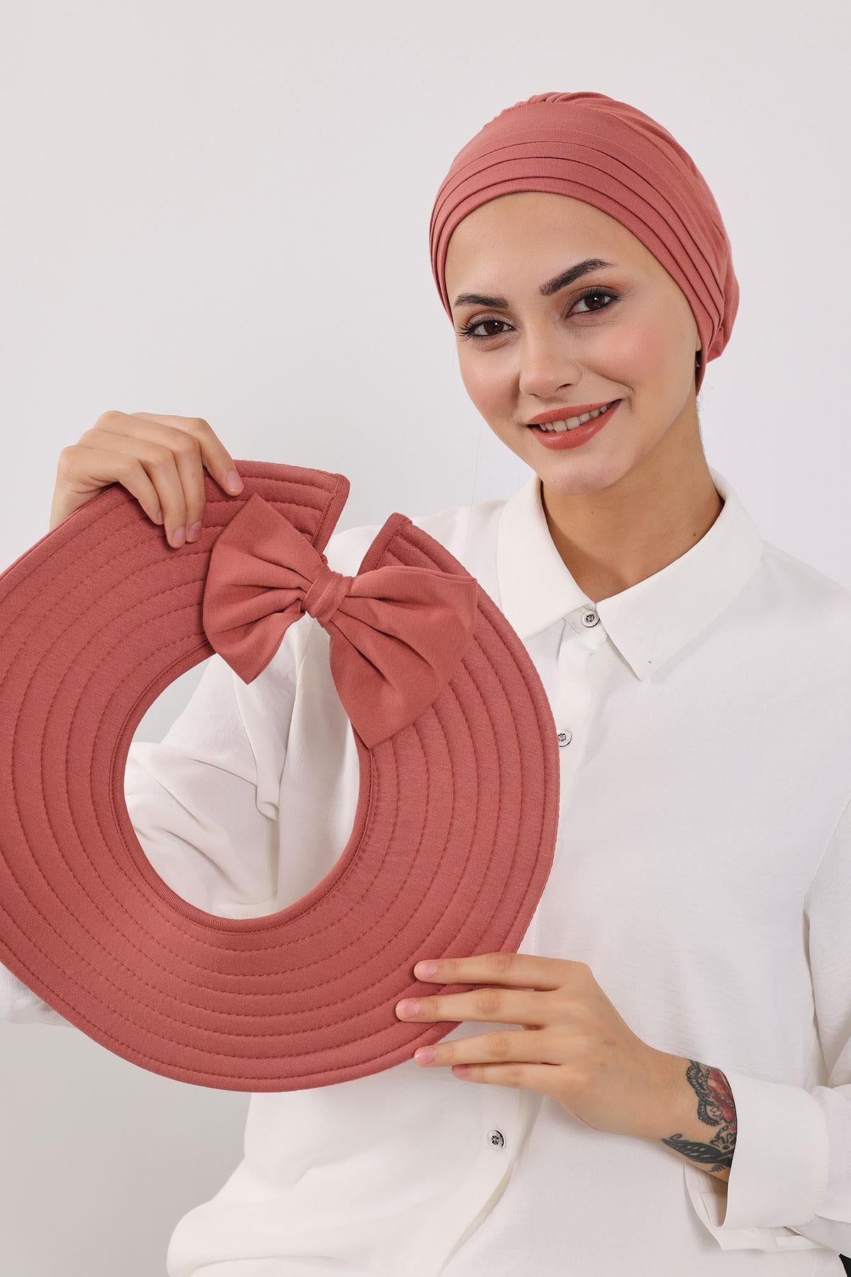 Çıkarılabilir Arkası Fiyonklu Şapkalı Penye Bone Türban,S-4