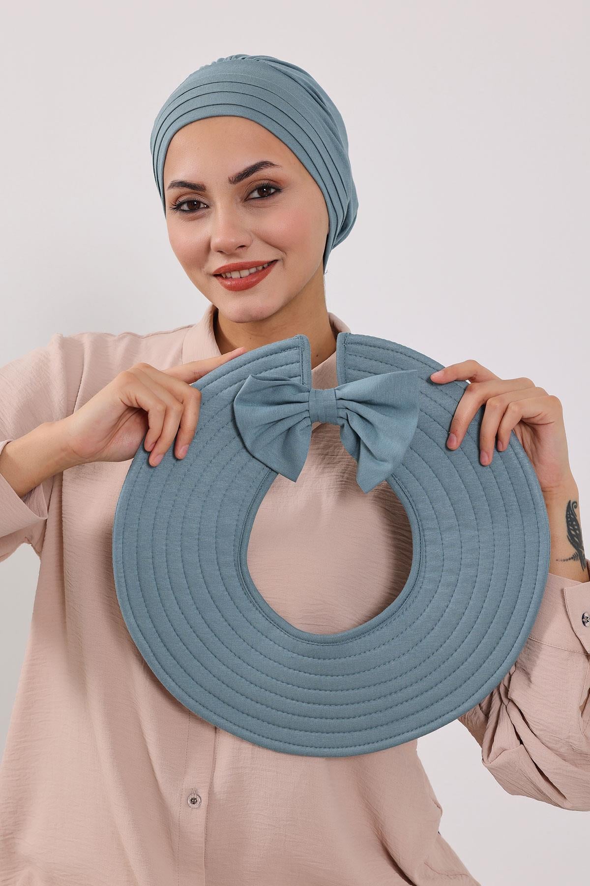 Çıkarılabilir Arkası Fiyonklu Şapkalı Penye Bone Türban,S-4