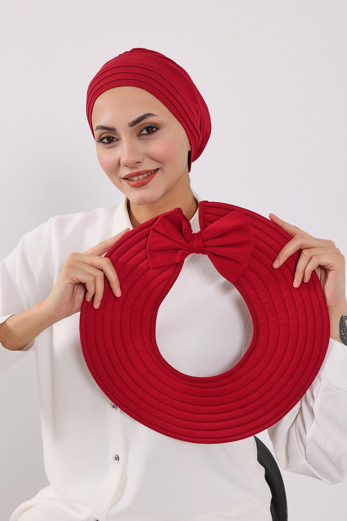 Çıkarılabilir Arkası Fiyonklu Şapkalı Penye Bone Türban,S-4