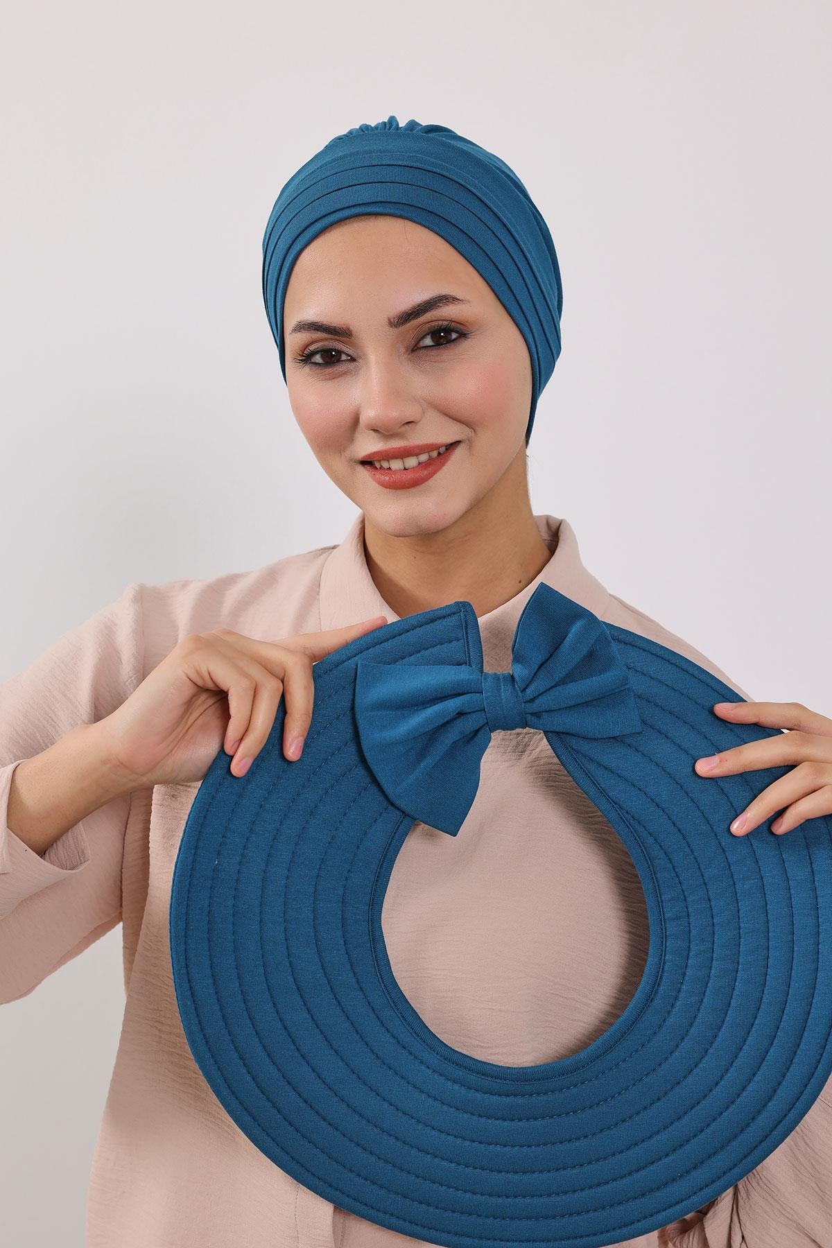 Çıkarılabilir Arkası Fiyonklu Şapkalı Penye Bone Türban,S-4