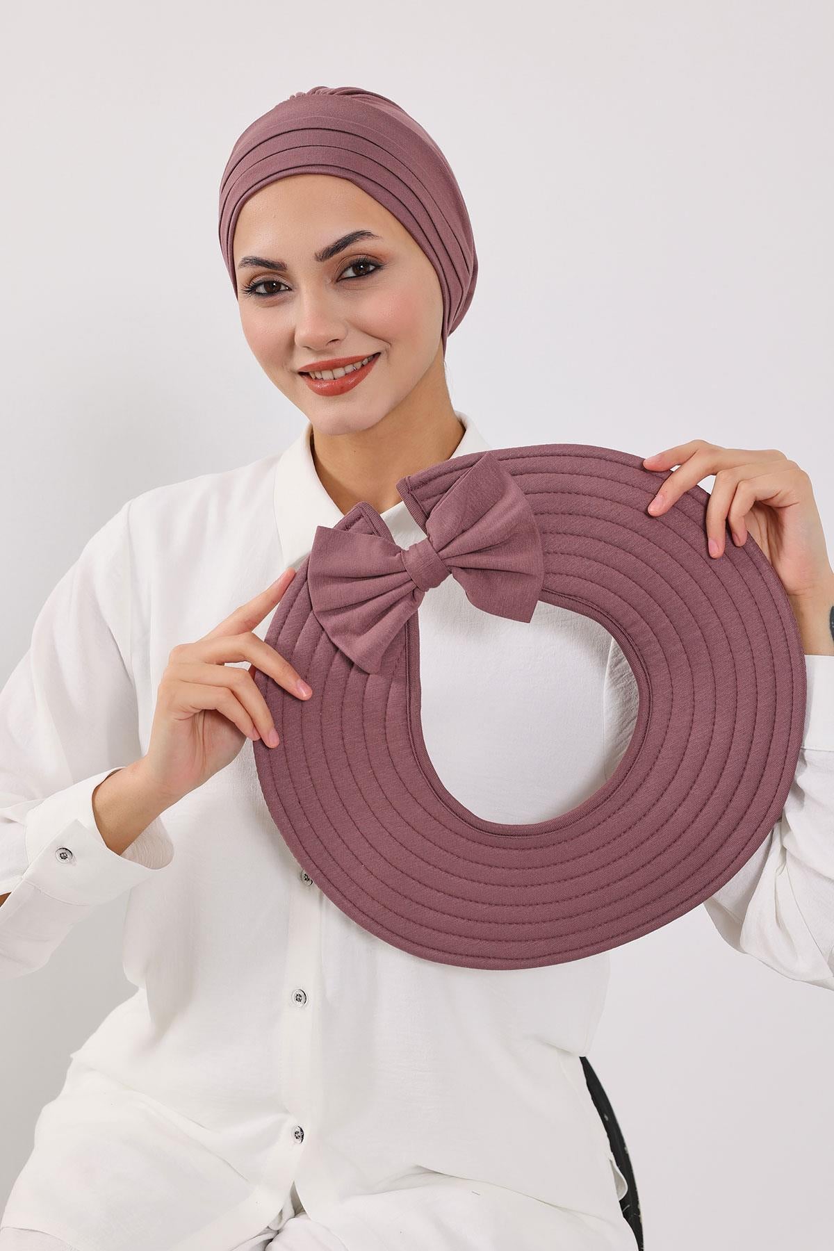 Çıkarılabilir Arkası Fiyonklu Şapkalı Penye Bone Türban,S-4