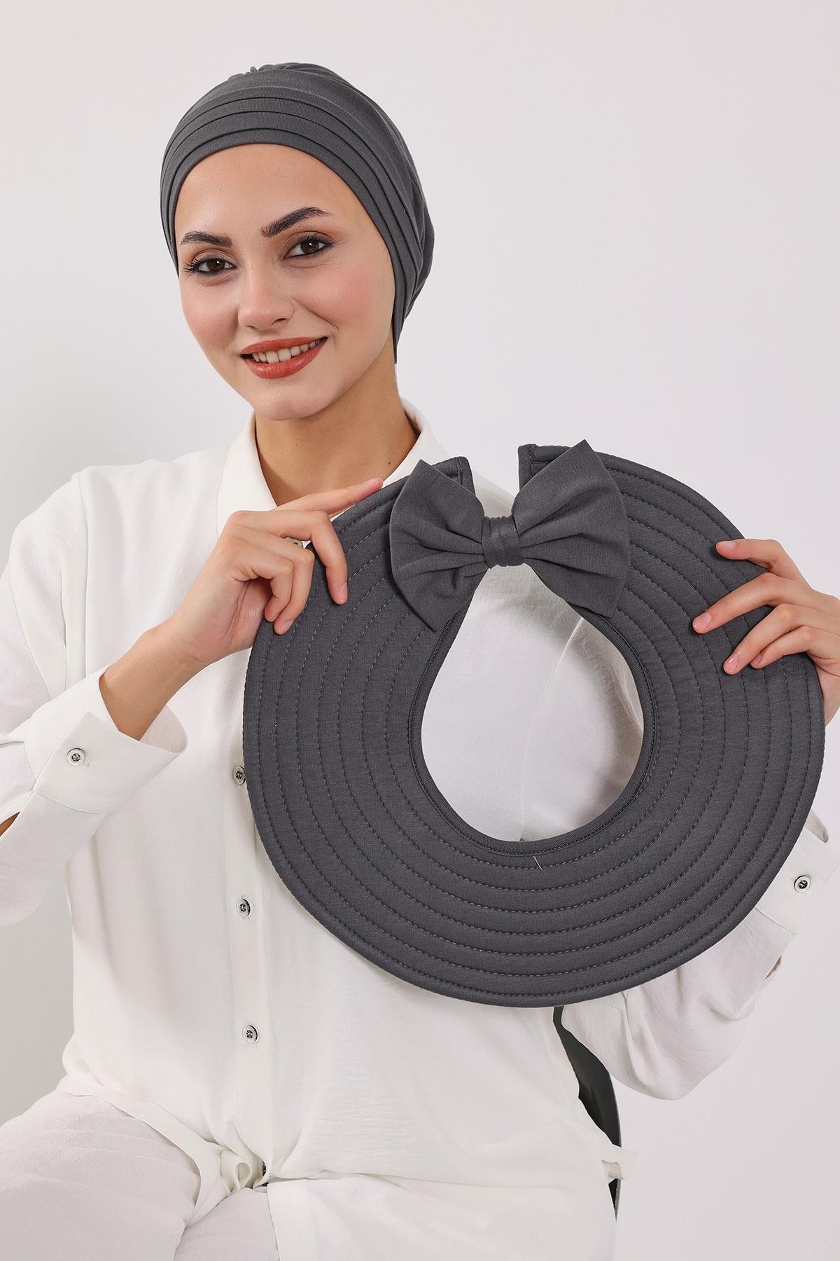 Çıkarılabilir Arkası Fiyonklu Şapkalı Penye Bone Türban,S-4